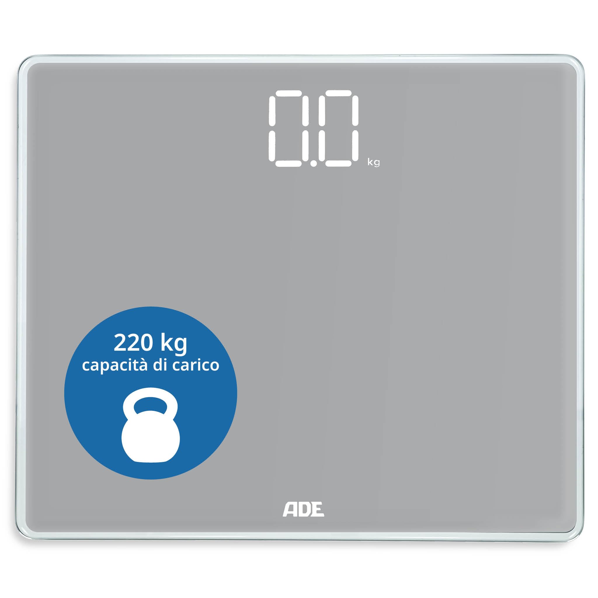 ADE Bilancia pesapersone digitale con elevata capacità di carico fino a 220 kg | bilancia pesapersone precisa con cifre luminose XXL | ampio display | superficie di pesatura extra large | grigio