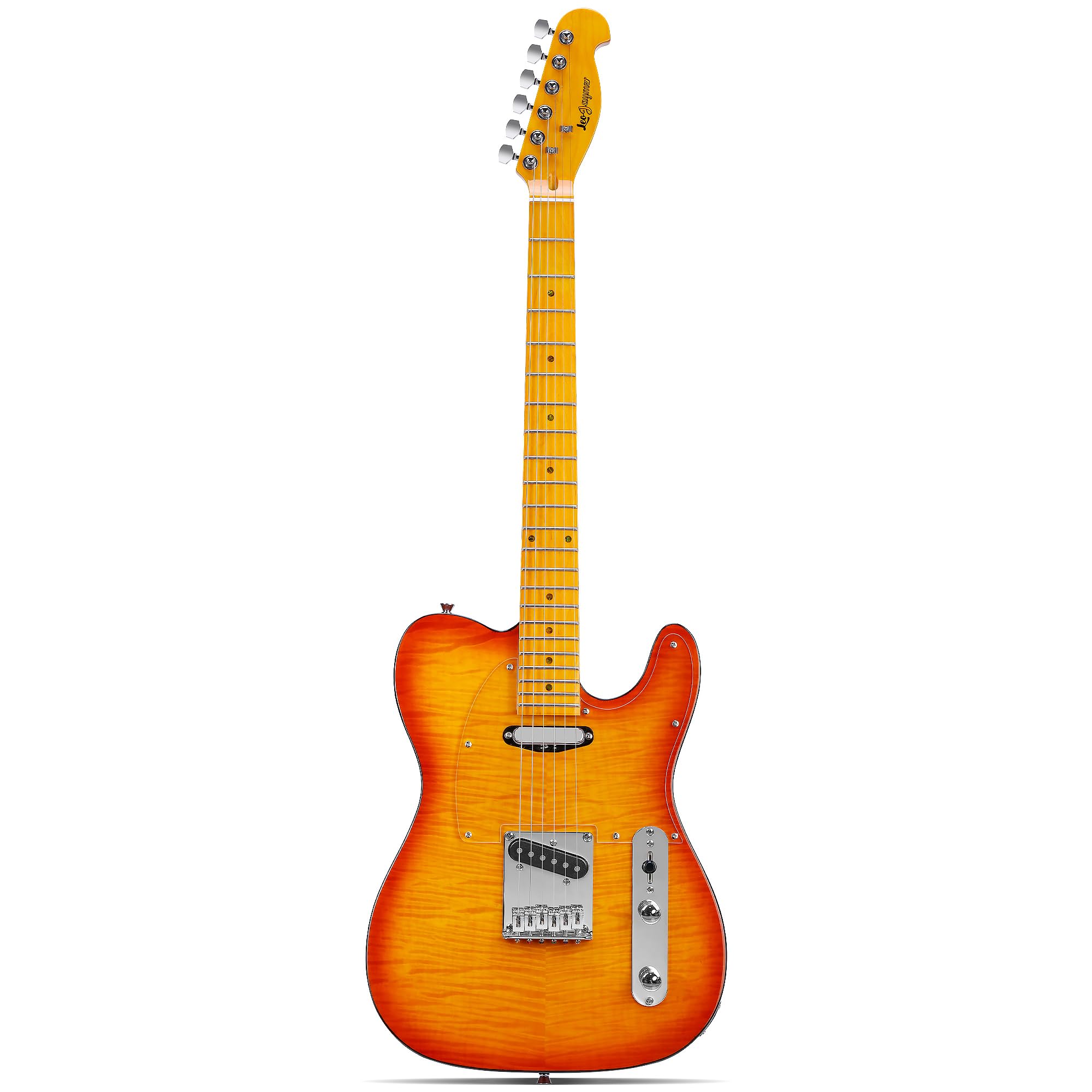 leo jaymz tl style electric guitar with flame maple top - high gloss mahogany body and hard maple neck - high transparent acrylic pickguard transparent honey burst