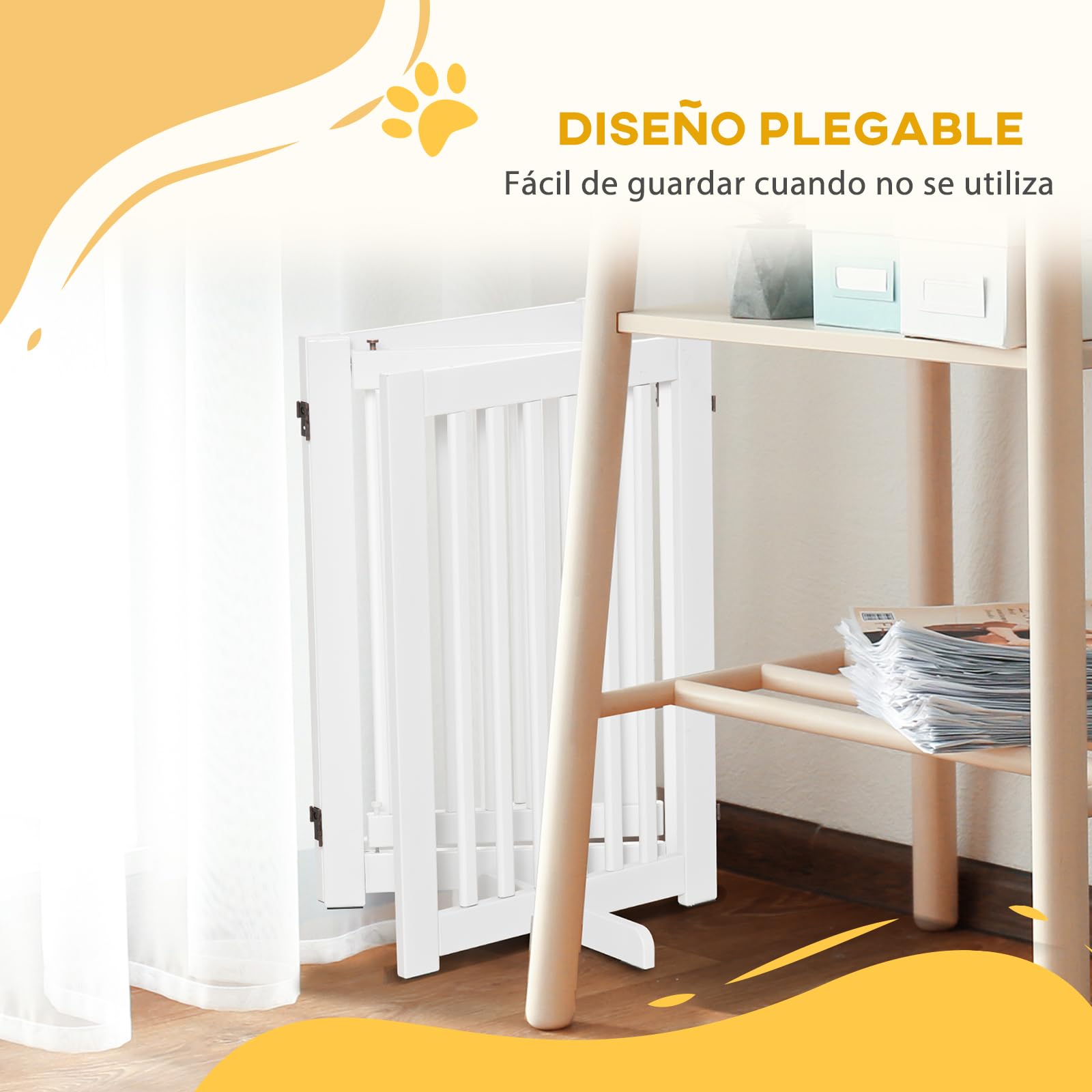 PawHut Barrera para Perros de Madera Valla para Mascotas 155x76 cm Blanco | Plegable, de 3 Paneles, con 1 Puerta, Patas de Apoyo, para Pasillo Escalera