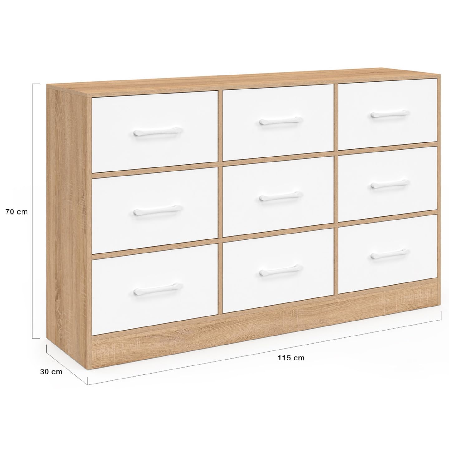 IDMarket - Commode 9 tiroirs en Tissu UPPAH 113 cm Meuble de Rangement Bois façon hêtre et Blanc