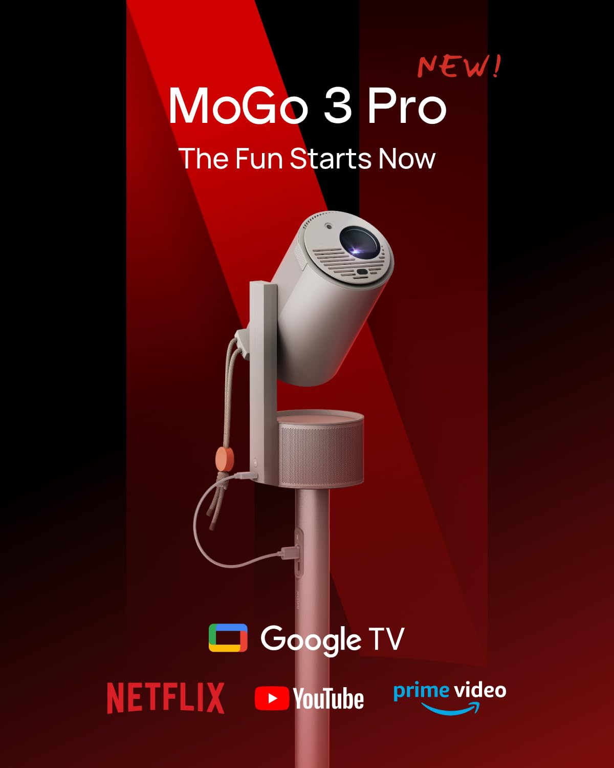 XGIMI MoGo 3 Pro 1080P videoproiettore con supporto Powerbase, Google TV con licenza Netflix, Supporto regolabile integrato, Proiettore portatile compatibile con power bank, 450 Lumen ISO, ISA 2.0