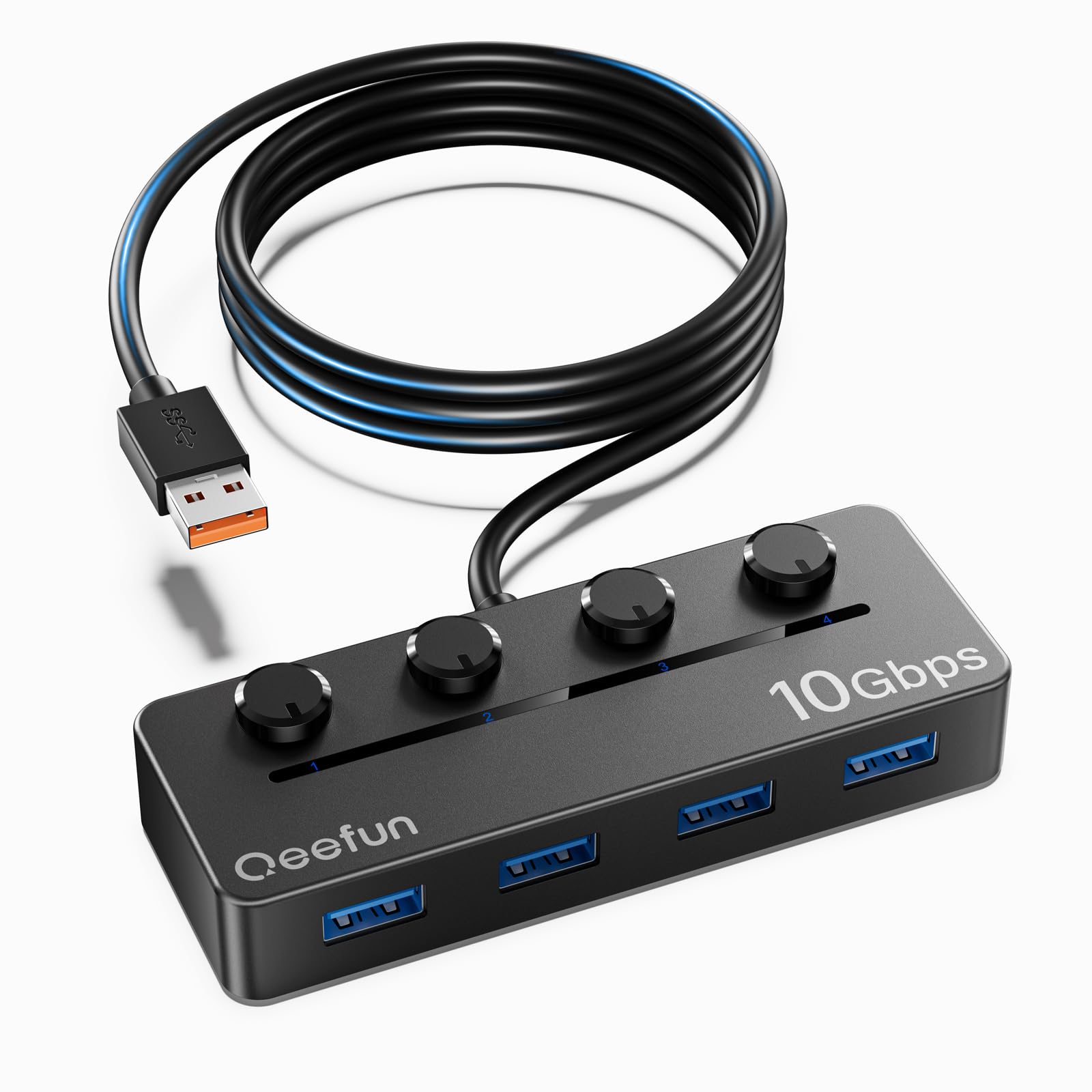 Qeefun USB ハブ 5ポート USB 3.2 Gen2 10Gbps ハブ120cm延長ケーブル付き 個別LED電源スイッチ Type-C電源ポート搭載 高速転送 ドッキングステーション 外付けHDD/SSD MacBook iMac PC ノートパソコン対応 多機能USB拡張ハブ