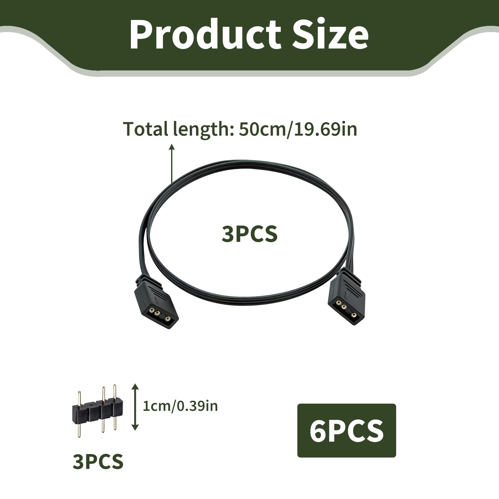 Cable de extensión ARGB, cable ARGB 5 V 3 pines ARGB 50 cm, cable de sincronización LED ARGB extensión ventiladores ARGB o serie LED, conector de 3 pines macho hembra, compatibilidad con placa base
