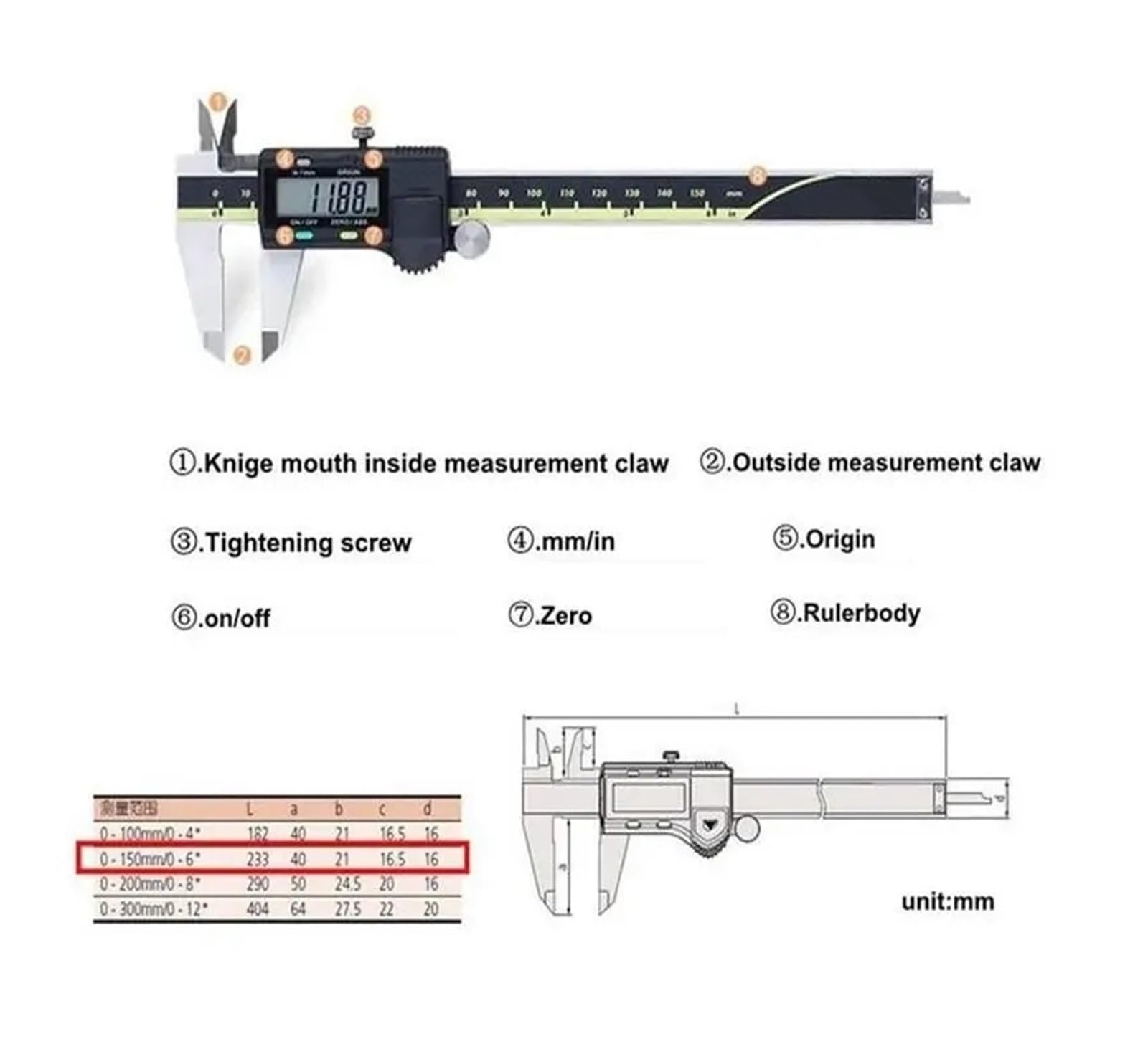 Calibrador Digital LCD 0-150mm 0-200mm 0-300mm 6in 8in 12 pulgadas calibradores electrónicos que miden herramientas de diámetro exterior(Size:0-300mm)