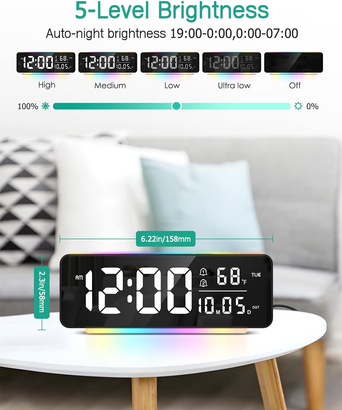 ORIA Digital Alarm Clock, 6.5" Large Display Bedside Clock, USB Desk Nightstand Clock with 11 Color Night Light, Temp Display, Dual Alarms Snooze, 5-Level Dimmer for Bedroom Office
