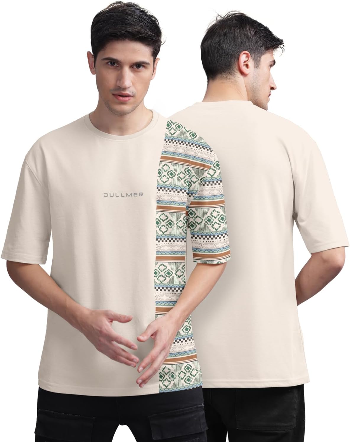 BULLMERBeige Front and Back Printed/Colourblock Baggy/Oversized Tshirt for Men