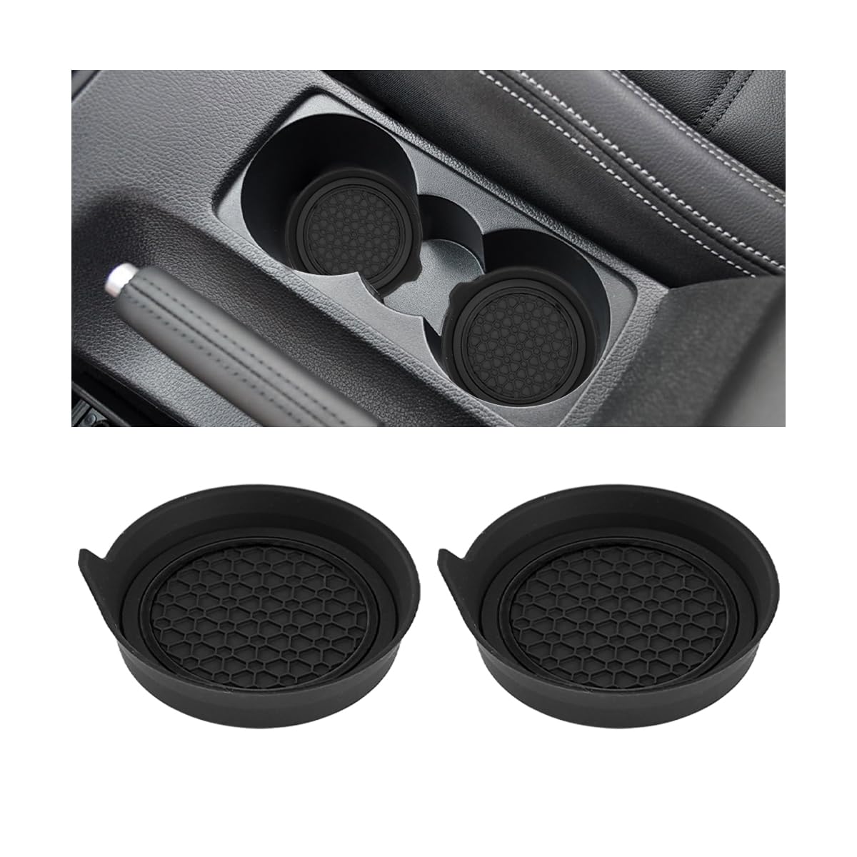 2PCS Car Cup Holder Coaster, Silicone Non-Slip Vehicle Cup Recessed Mats, Waterproof ＆ Sift-Proof Automotive Interior Insulation Drink Insert Pads, Universal Fit (Black)
