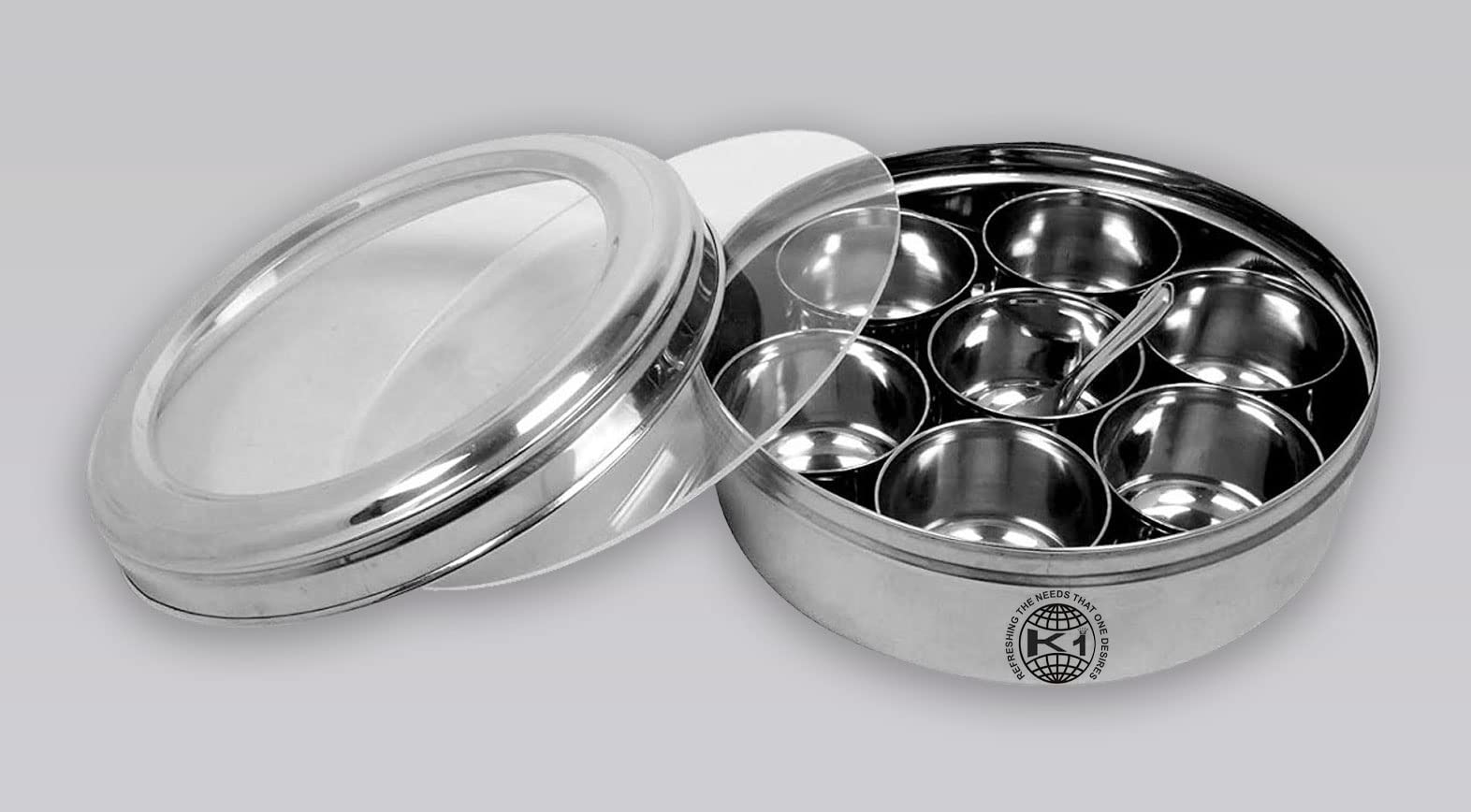 King International Stainless Steel See Through Spice Box With 7 Spice and Acrylic lid, Spice Box for Kitchen, Spice Box for Kitchen 7 Container, Spice Box Stainless Steel Indian Masala Dabba, Condiment Box (20 X 7.6 CM)
