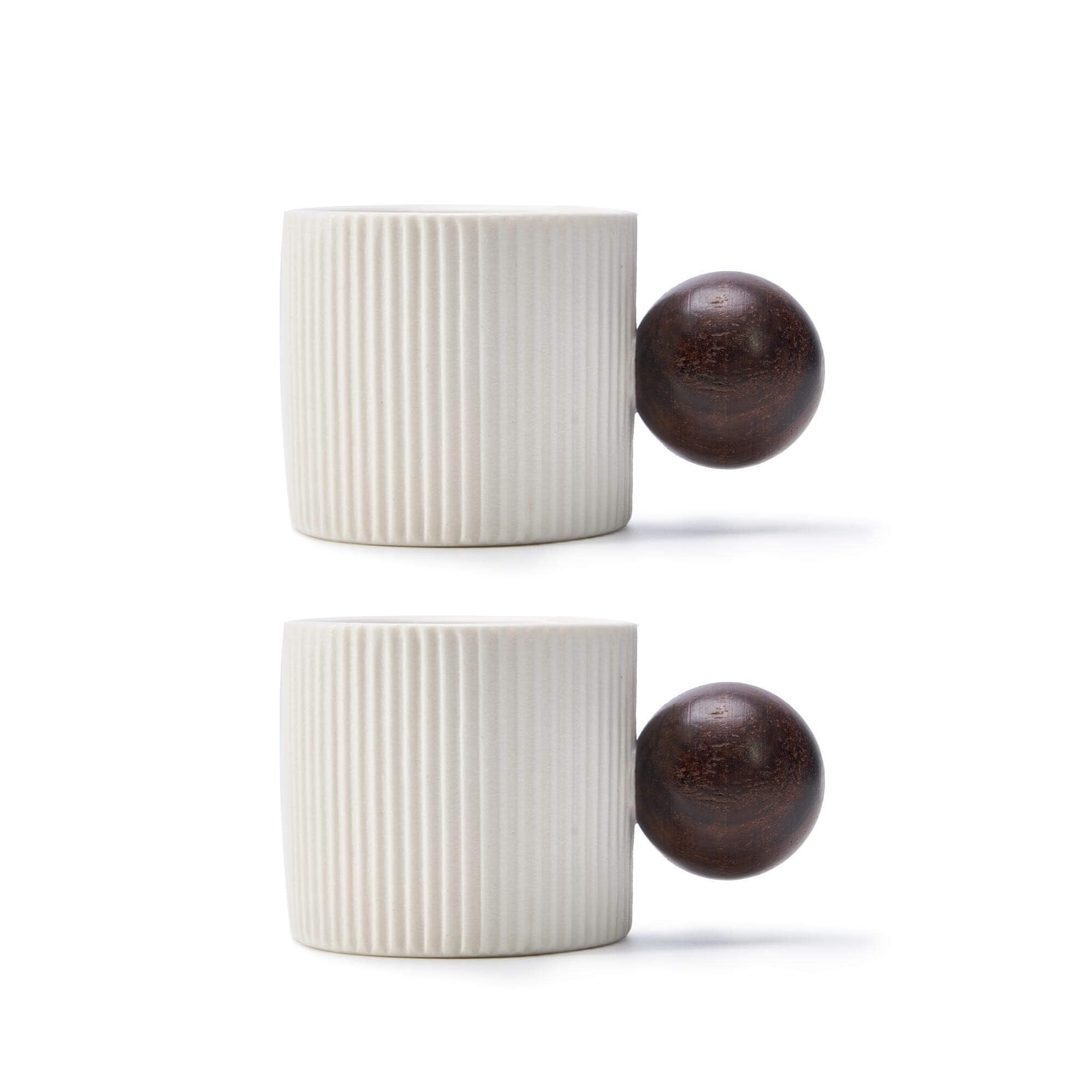 Espresso Cups 70ml, Small Ceramic Coffee Cups, Mini Mugs with Round Wooden Handle, Vertical Stripes Tea Cups (White, 2pcs)
