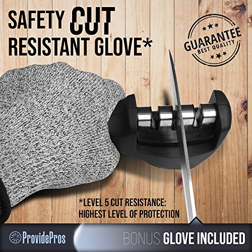 Kitchen Knife Sharpener: 3 Stage Knife Sharpening Tool Repair, Restore, Polish Steel and Ceramic Blades - Cut Resistant Glove Included