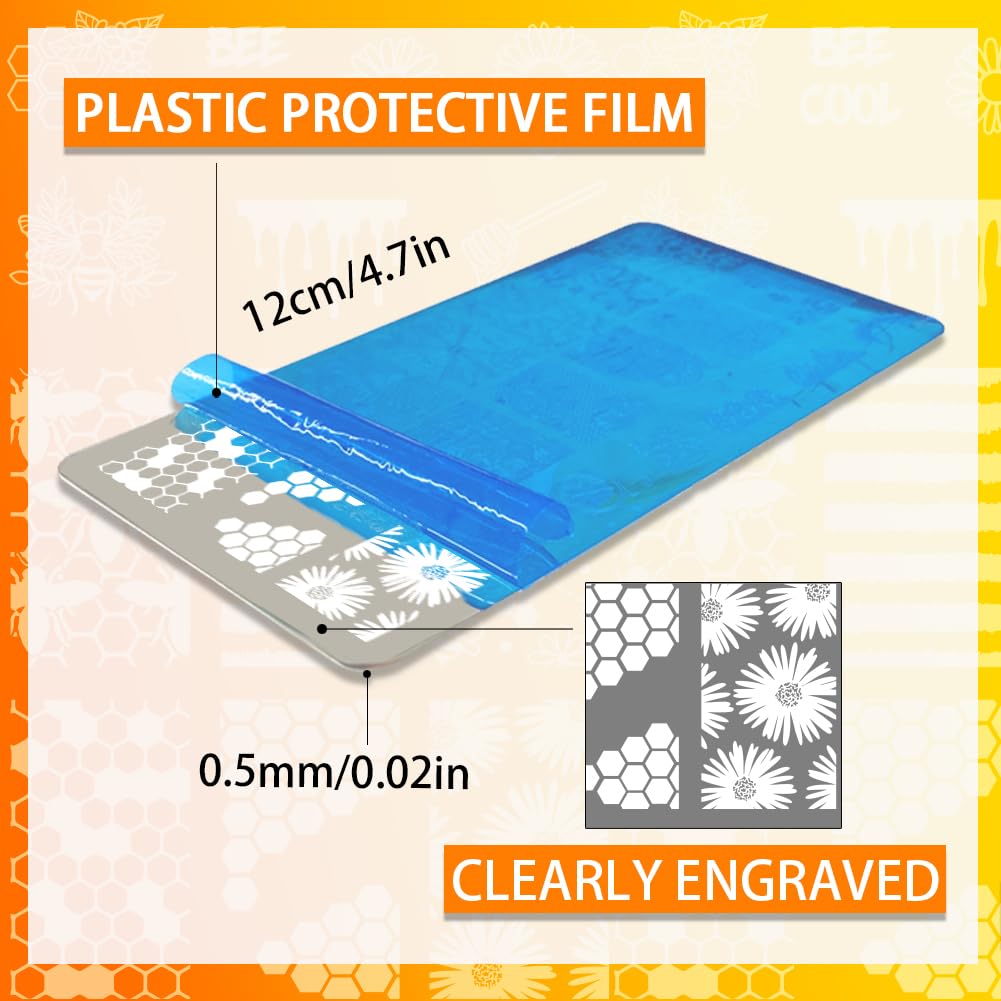 PH PandaHall 6pcs Bee Flower Nail Stamping Plates Honeycomb Theme Nails Art Designs Floral Leaves Manicure Art Stencil Sunflower Daisy Nail Design Template Nail Image Plate for Women Manicures Salon - Image 2