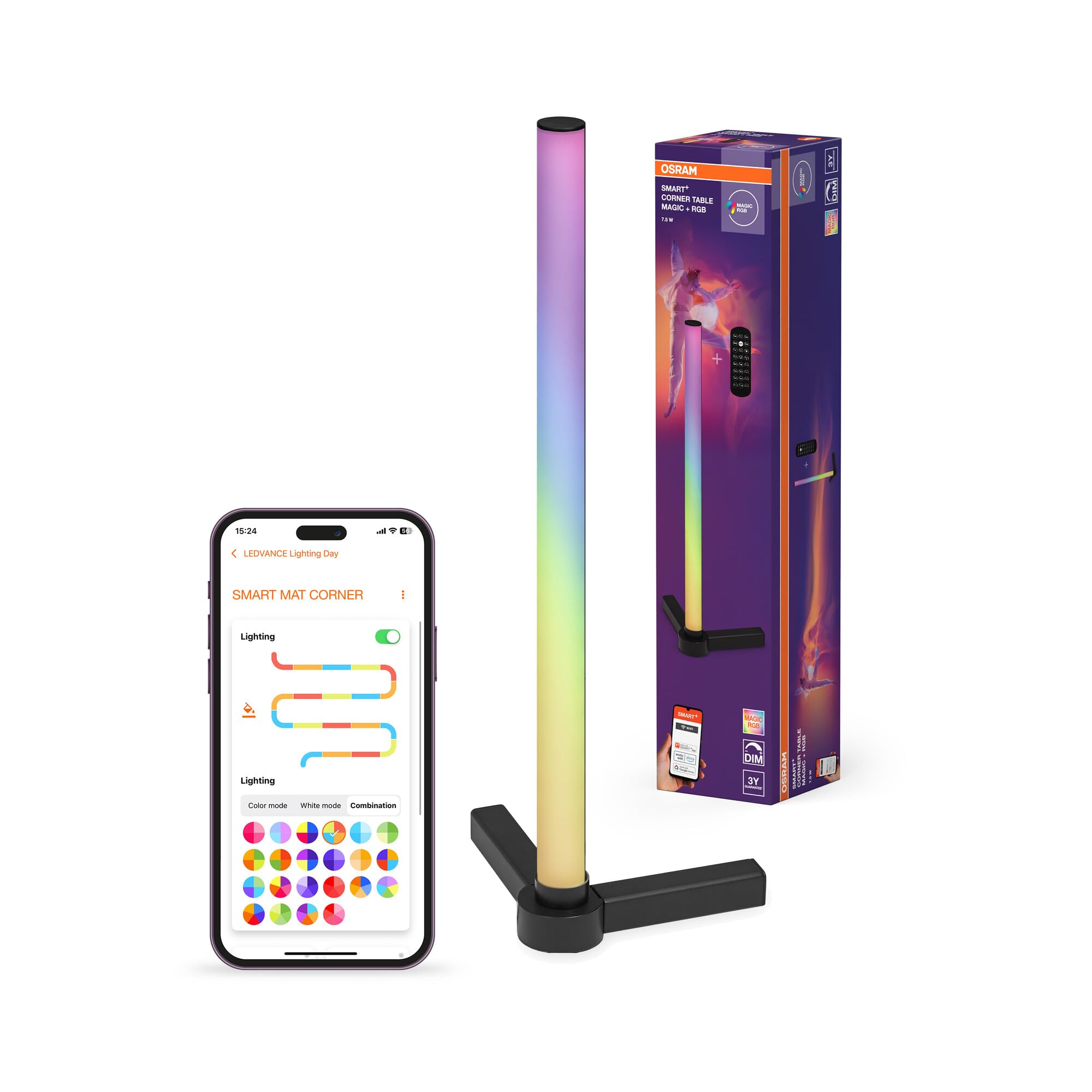 Osram Smarte LED-Eck-Tischleuchte, 7.5W, mit Magic RGB für diverse Farben und Lichteffekte, schwarz, mit Fernbedienung, IP20, LED nicht austauschbar, dimmbar