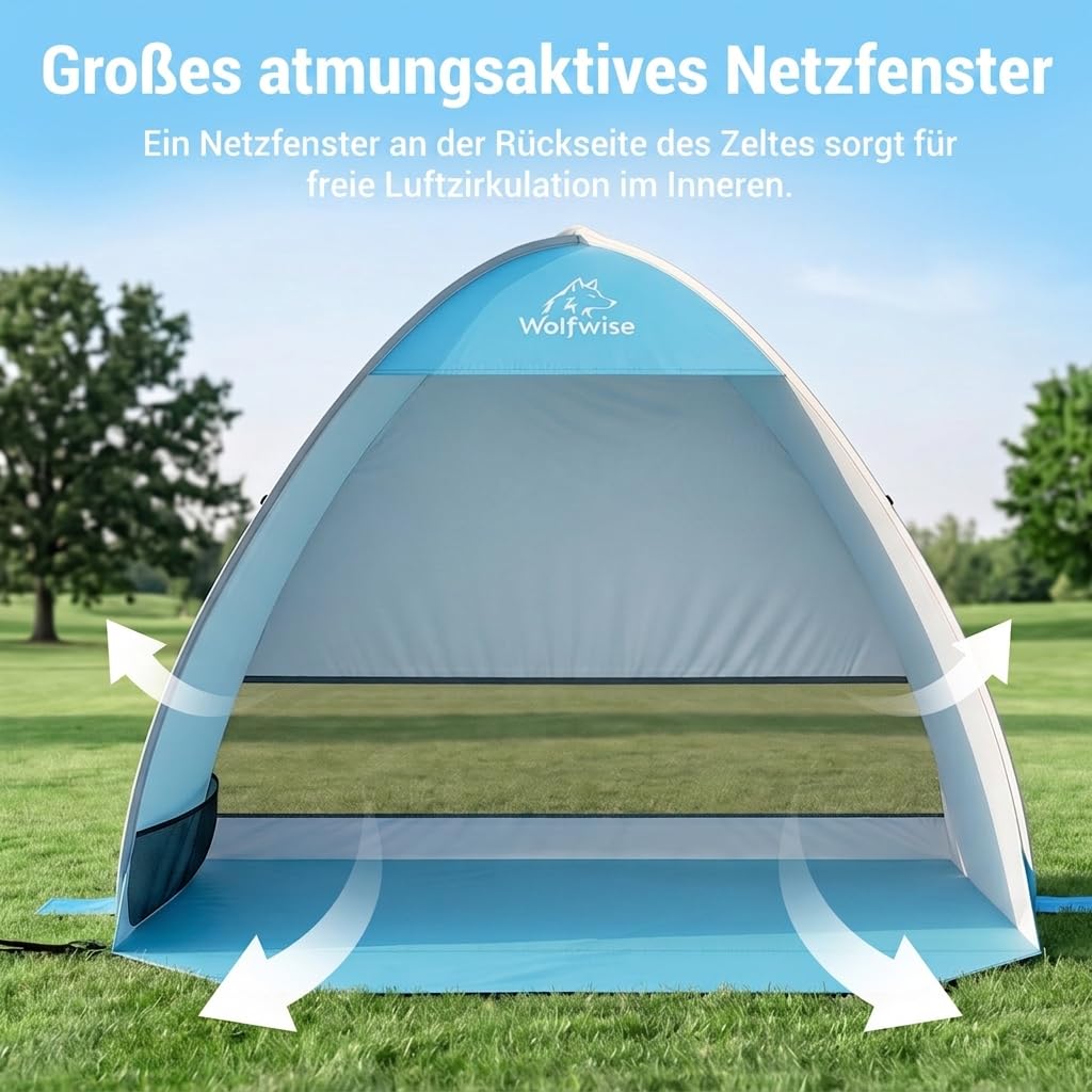 Wolfwise Strandmuschel Pop Up, Strandzelt mit UV-Schutz 50+, Sekundenschneller Aufbau, Wasserabweisend & Belüftet mit Sandtaschen für 2-3 Personen, 150x120x110 cm(59 ×47×43 in), Blau