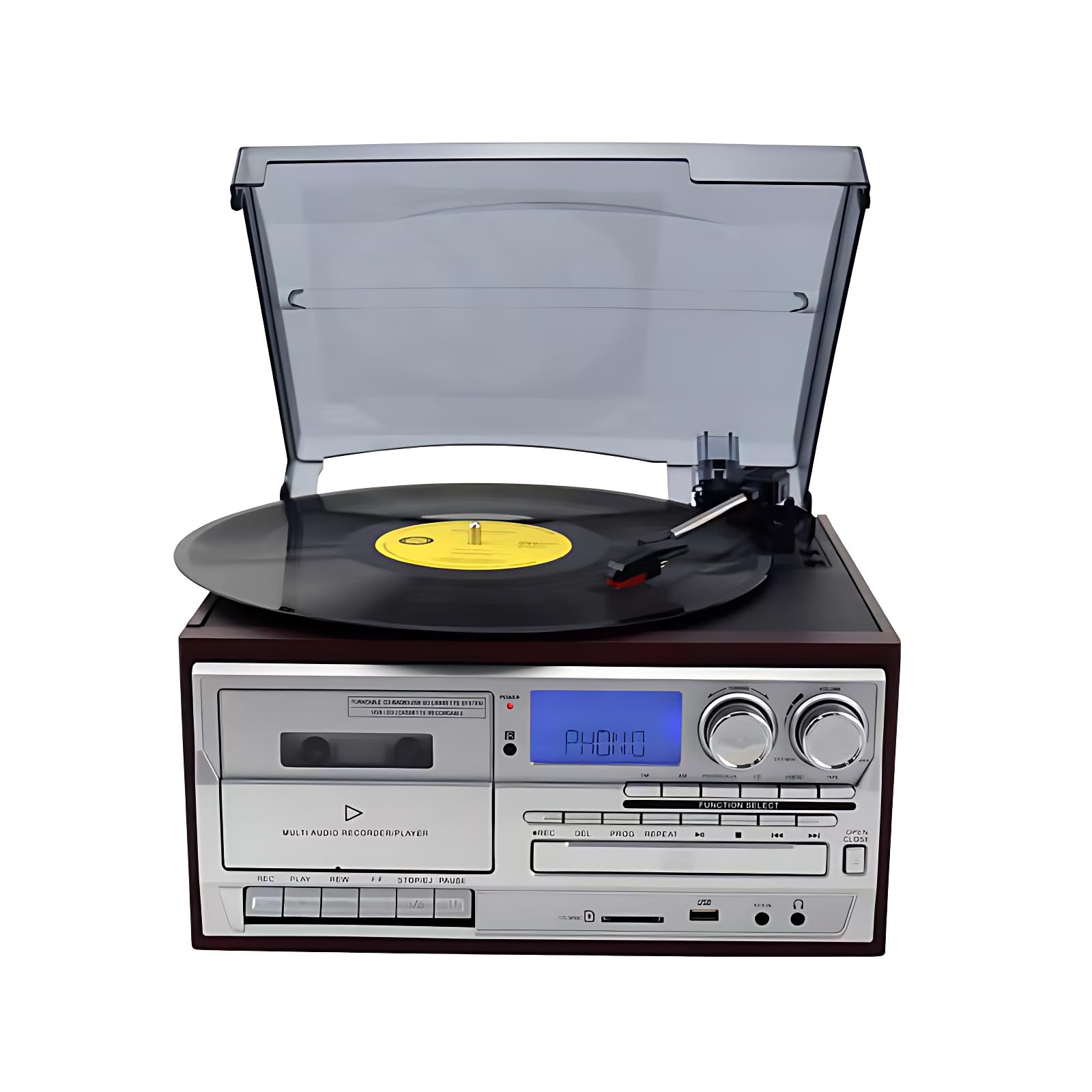 Giradischi con Bluetooth, altoparlanti integrati, giradischi vintage a 3 velocità, lettore CD e radio AM/FM per l'intrattenimento