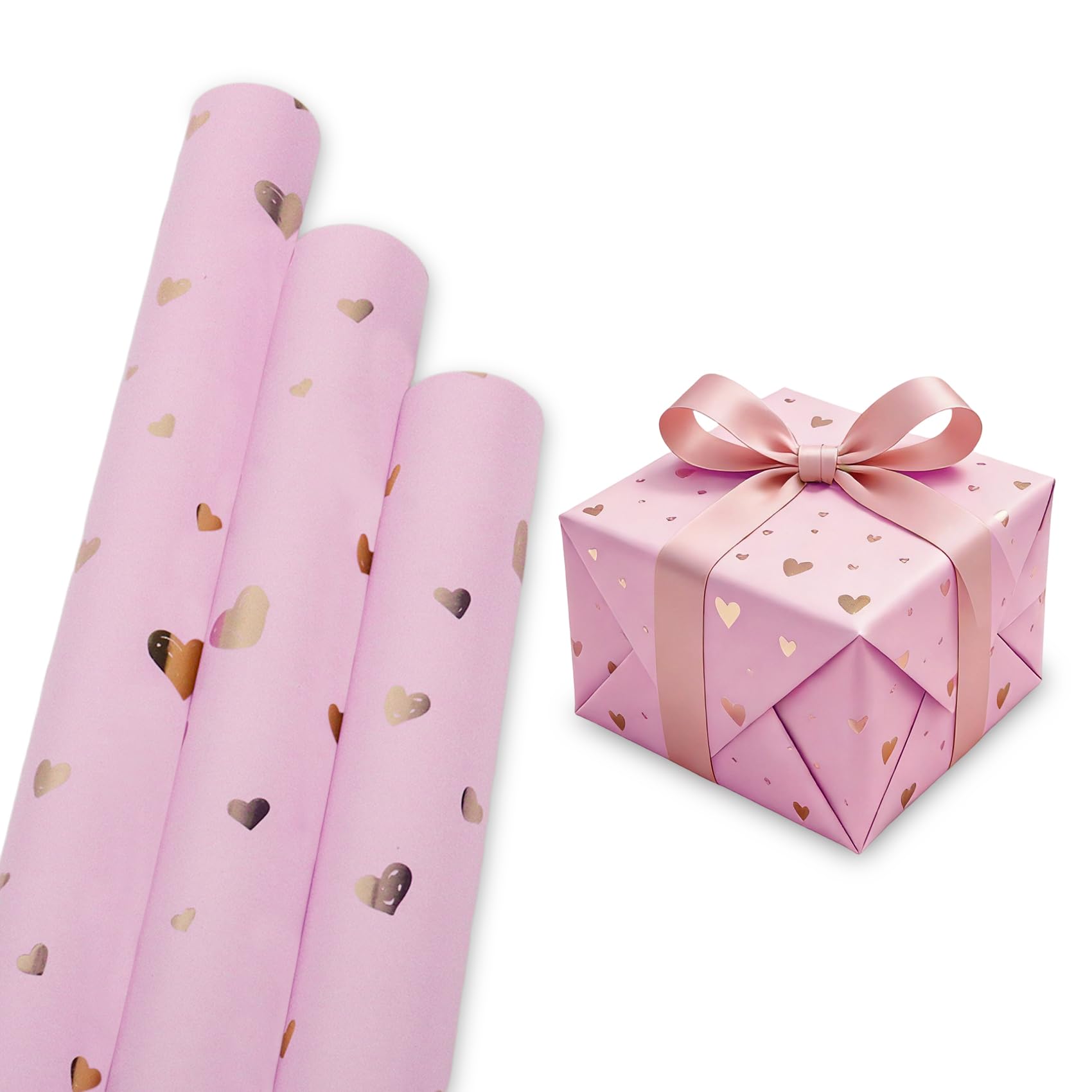 3 Rolls Heart Wrapping Paper Roll 43cm× 3m, Valentines Wrapping Paper Birthday Wedding Gift Wrap — image 1