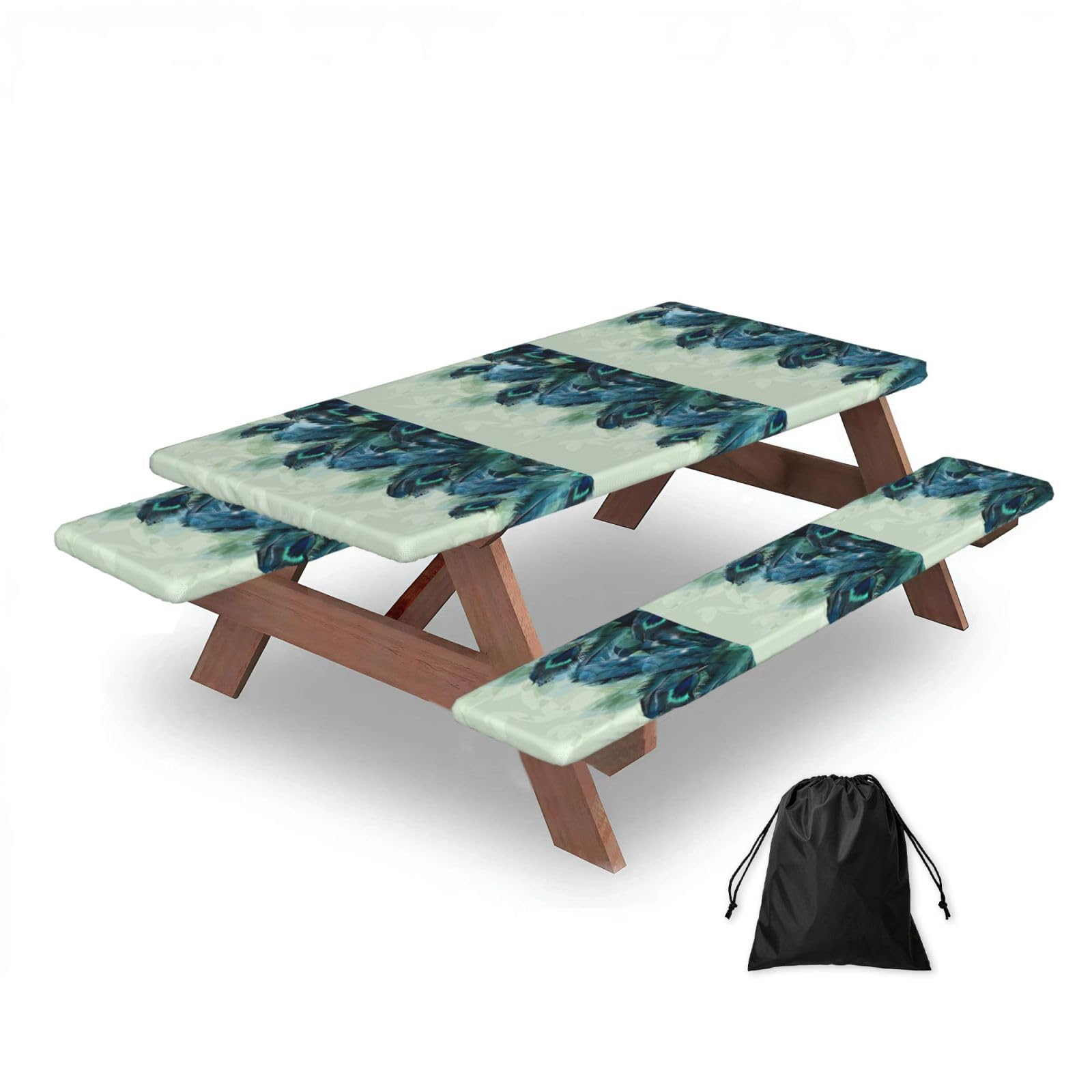 Dopklna As Picture Peacock Feather Pattern, Picnic Table Cover With Bench Covers -Waterproof Elastic Fitted Tablecloth For Garden Camping Patio 76X152cm