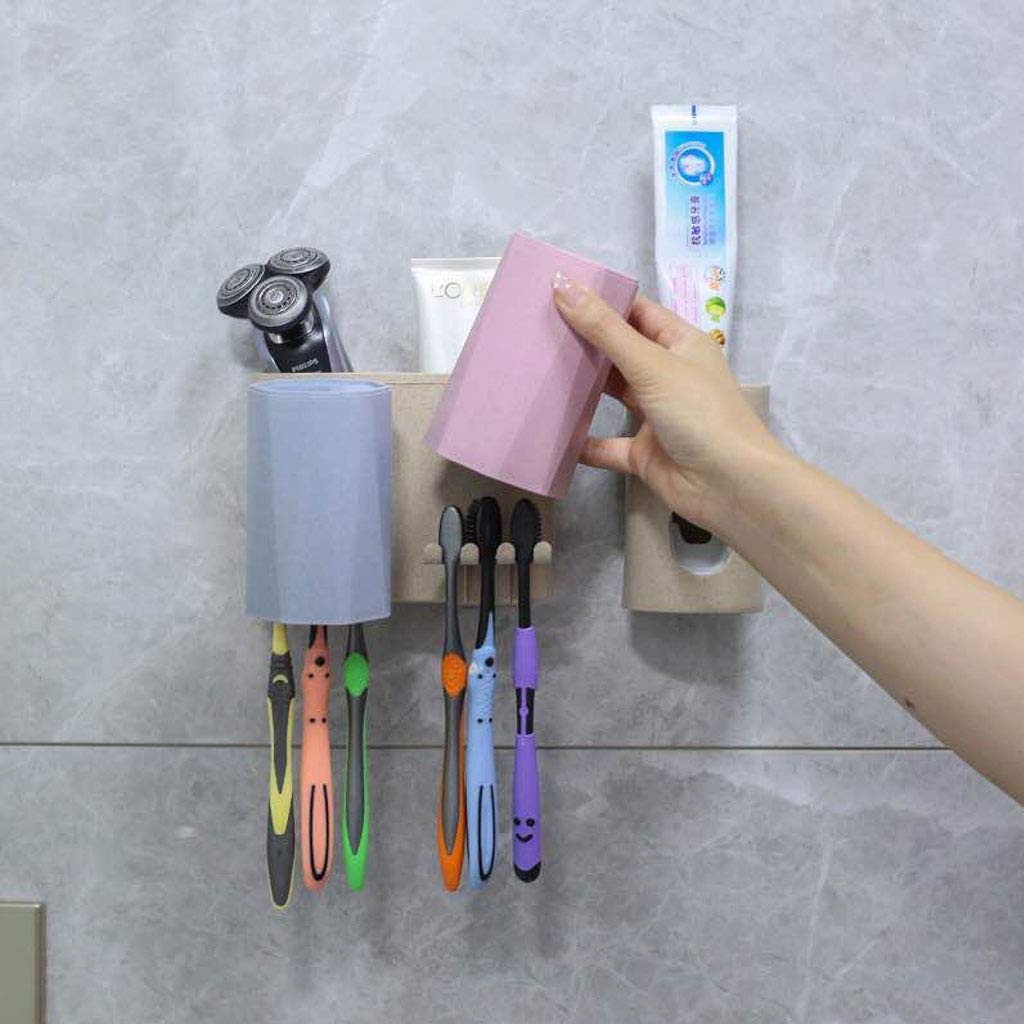 GETHOME Toothbrush Holder with Cover Automatic Toothpaste Dispenser/Extruder Set with 6 Toothbrush Holder Set and Toothpaste Squeezers Wall Mounted for Bathroom
