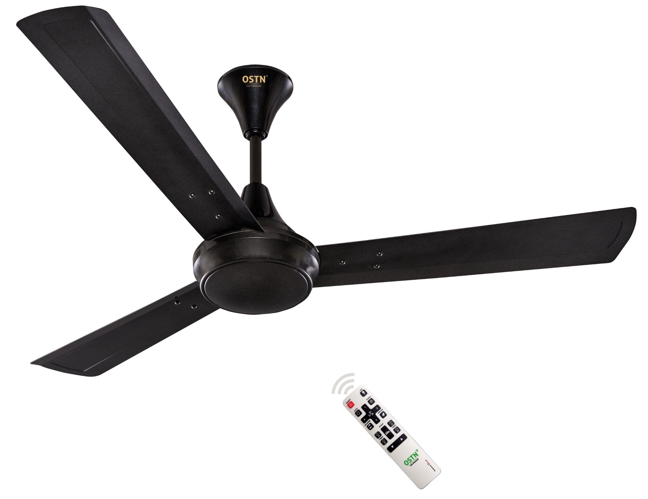 OSTN ARC 3 1200mm BLDC Motor 5 Star Rated Ceiling Fans with Remote Control | Upto 70% Energy Saving, High Air Delivery and LED Indicators | 25 Watts, 2+1 Year Warranty | Metallic Black