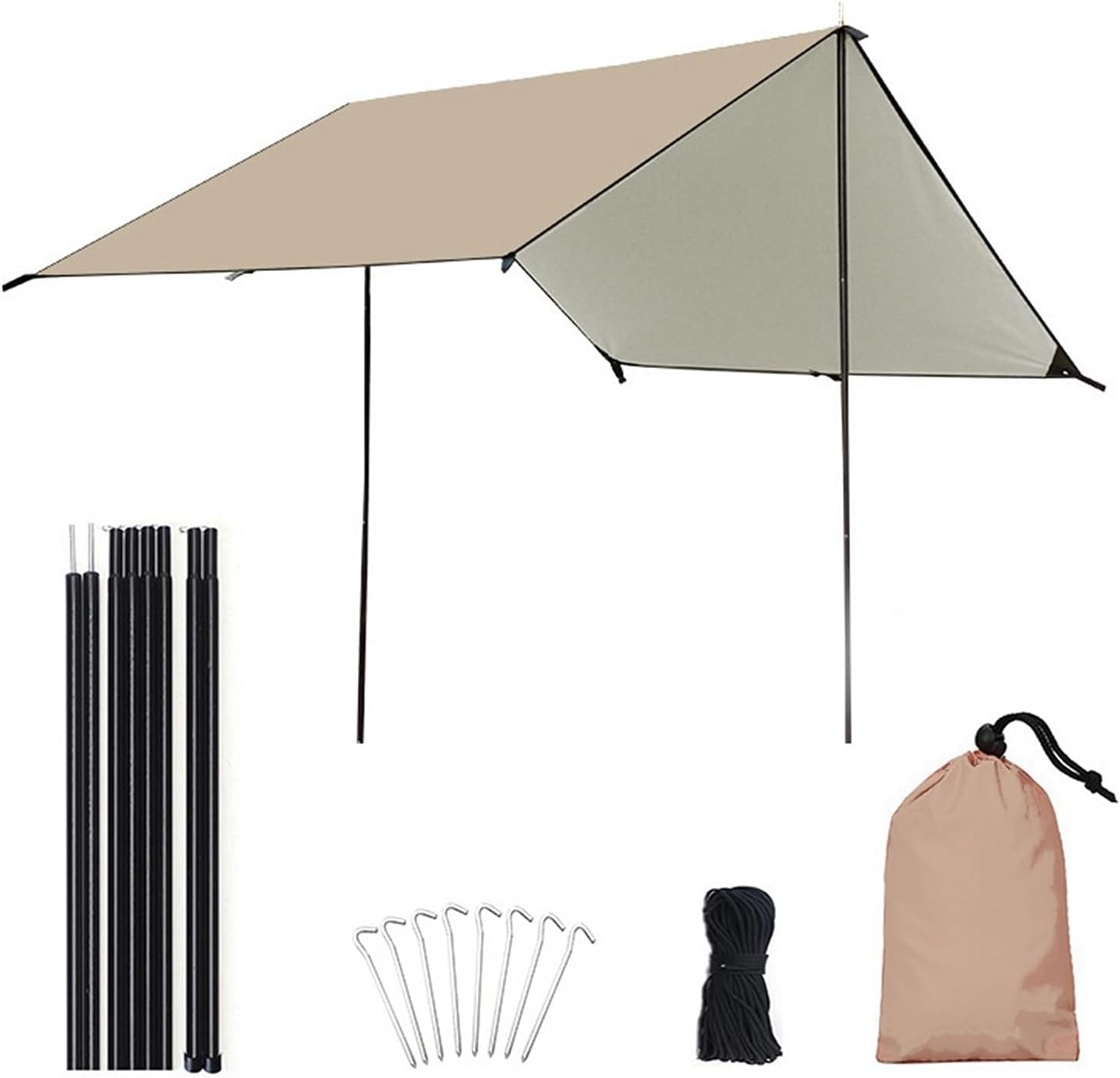 BRRNOO Camping Canopy, Tent Cover Camping Tarp with Poles Sun Shade Outdoor Hiking Backpacking Tarp Rain Fly for Hiking Travel Picnic Awning Tent Tarps (3x5 m)