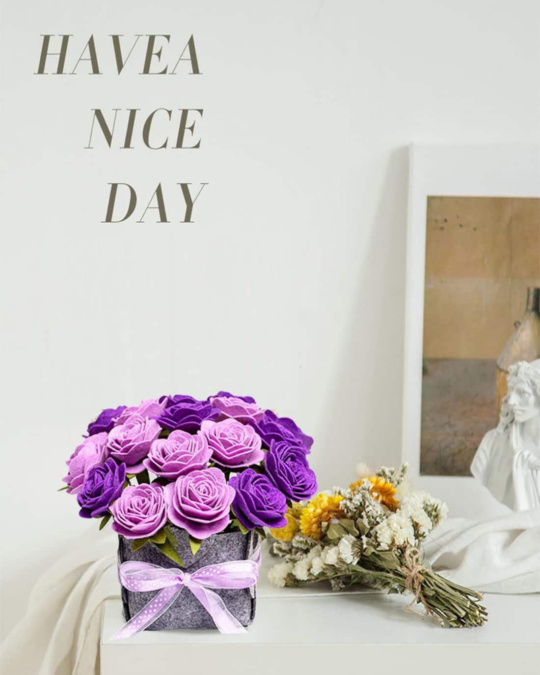 BAZIMA DIY Felt Flower Art Craft Kit, DIY Purple Rose Pot Bonsai Kit, Floral Gifts, Beginner Craft Kit, Arrange Pre-Cut Flowers and Foliage