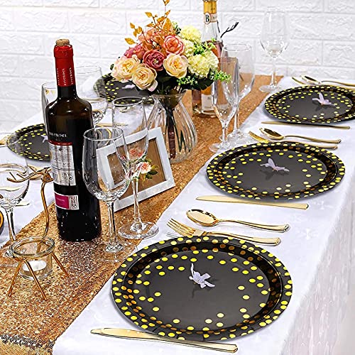 Yidaxing Zwart en goud partyservies, afbreekbaar, gouden dot, partyborden, set bevat servetten, papieren bekertjes… - Afbeelding 4