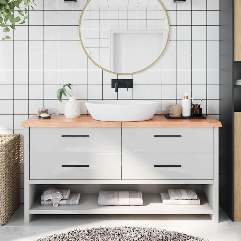 Piano per lavabo in legno massiccio di quercia, 160 x 30 x (2-4), laccato con bordo naturale, versatile come piano di lavoro da cucina, piano di lavoro, piano in legno per ristrutturazione, fai