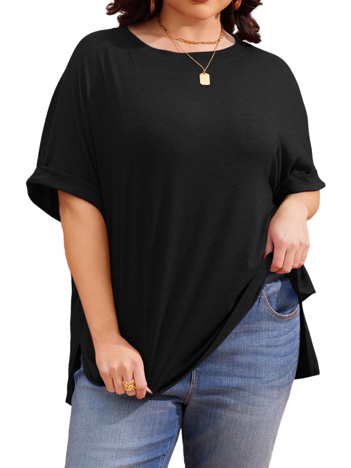 Bellcoco Plus Size T Shirts for Womens Summer Lace Short Sleeve Pleated Tops Ladies Loose Fit Casual Tee Blouse(1XL-5XL)