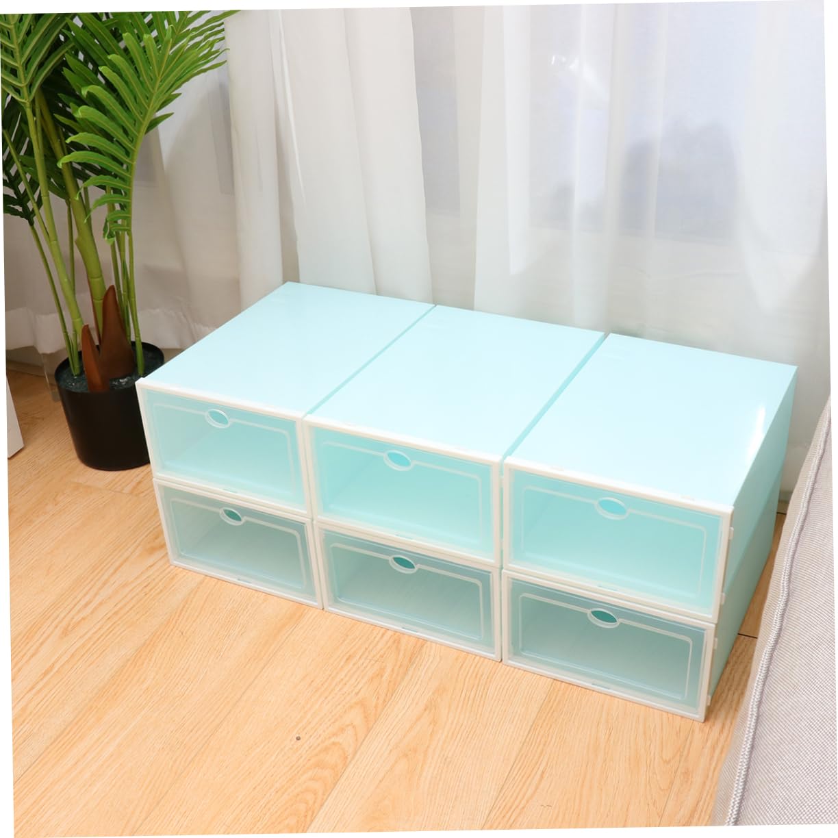 PRETYZOOM 6Pcs Stackable Shoe Storage Box Thicken Transparent Plastic Shoe Container with Door for Easy Viewing for Closet and Entryway Organization Blue with White