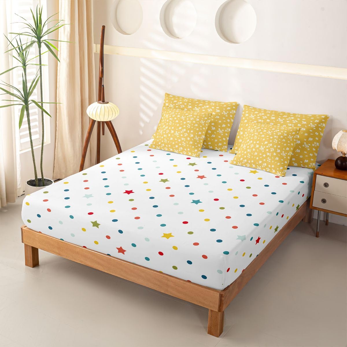 Loussiesd Juego de funda de edredón amarillo con sábanas, 7 piezas, tamaño Super King, para niños y niñas, cama de flores amarillas en una bolsa, decoración botánica de habitación bohemia, flores
