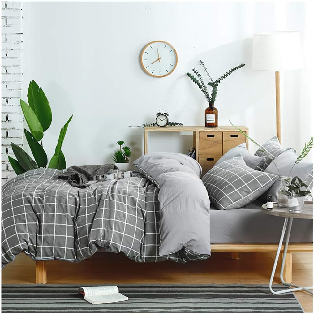 YZZ COLLECTION Queen Bedding Duvet Cover Set, Premium Microfiber,Grey Grid Pattern On Comforter Cover-3pcs:1x Duvet Cover 2X Pillowcases,Comforter Cover with Zipper Closure