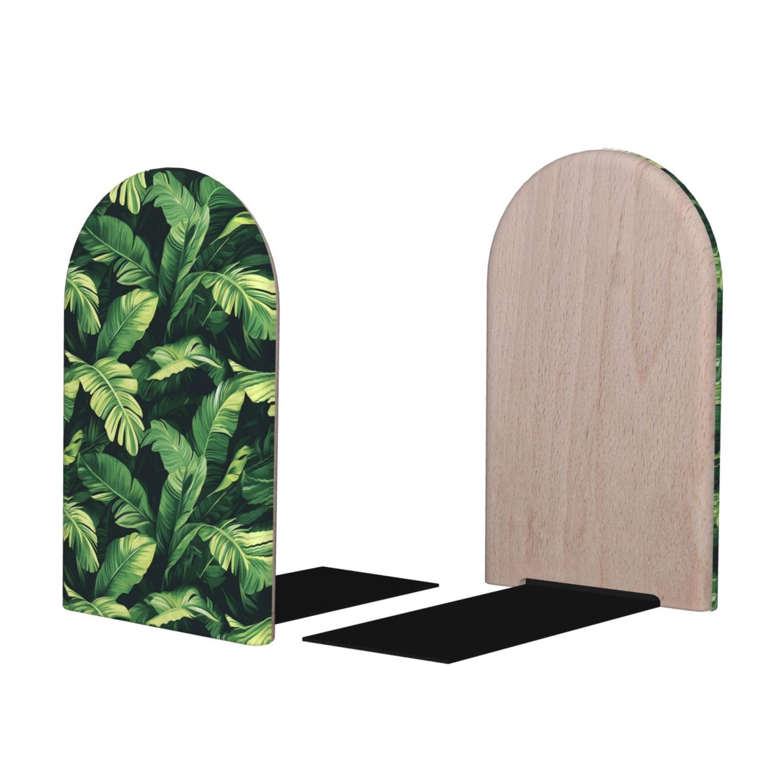Tropical Green Plants Print BookEnds 1 Pair, Decorative Bookends for Heavy Books, Wood Book Ends for Shelves, Book Organizer for Home Desk Office Supplies