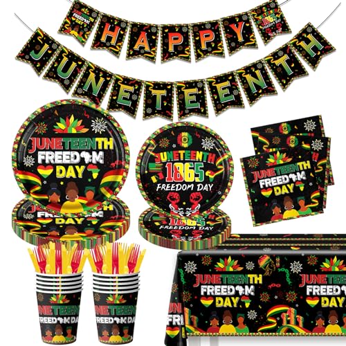 Juneteenth Party Supplies - 142Pcs June 19th Freedom Day Plates and Napkins Tablecloth Black History Table Decorations for Patriotic African Afro American Party Decorations