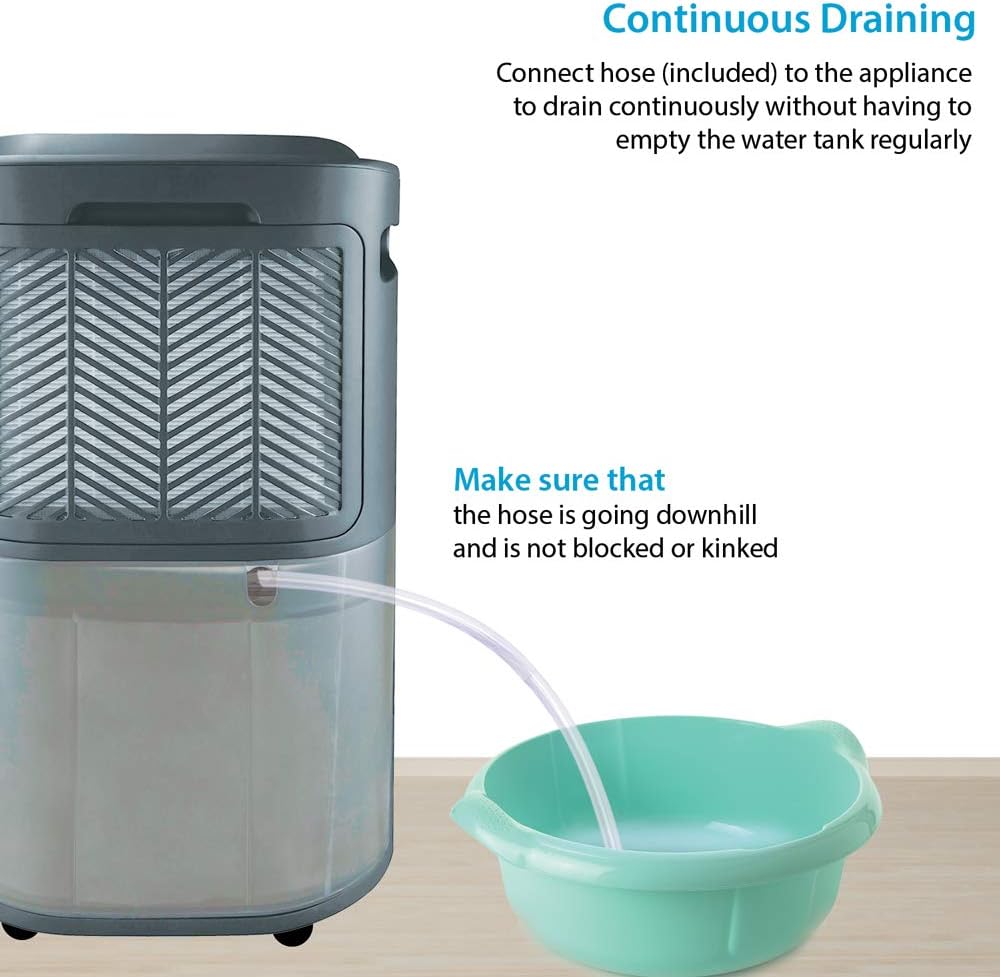 Diagram showing continuous drainage hose connected to dehumidifier and draining into a bucket