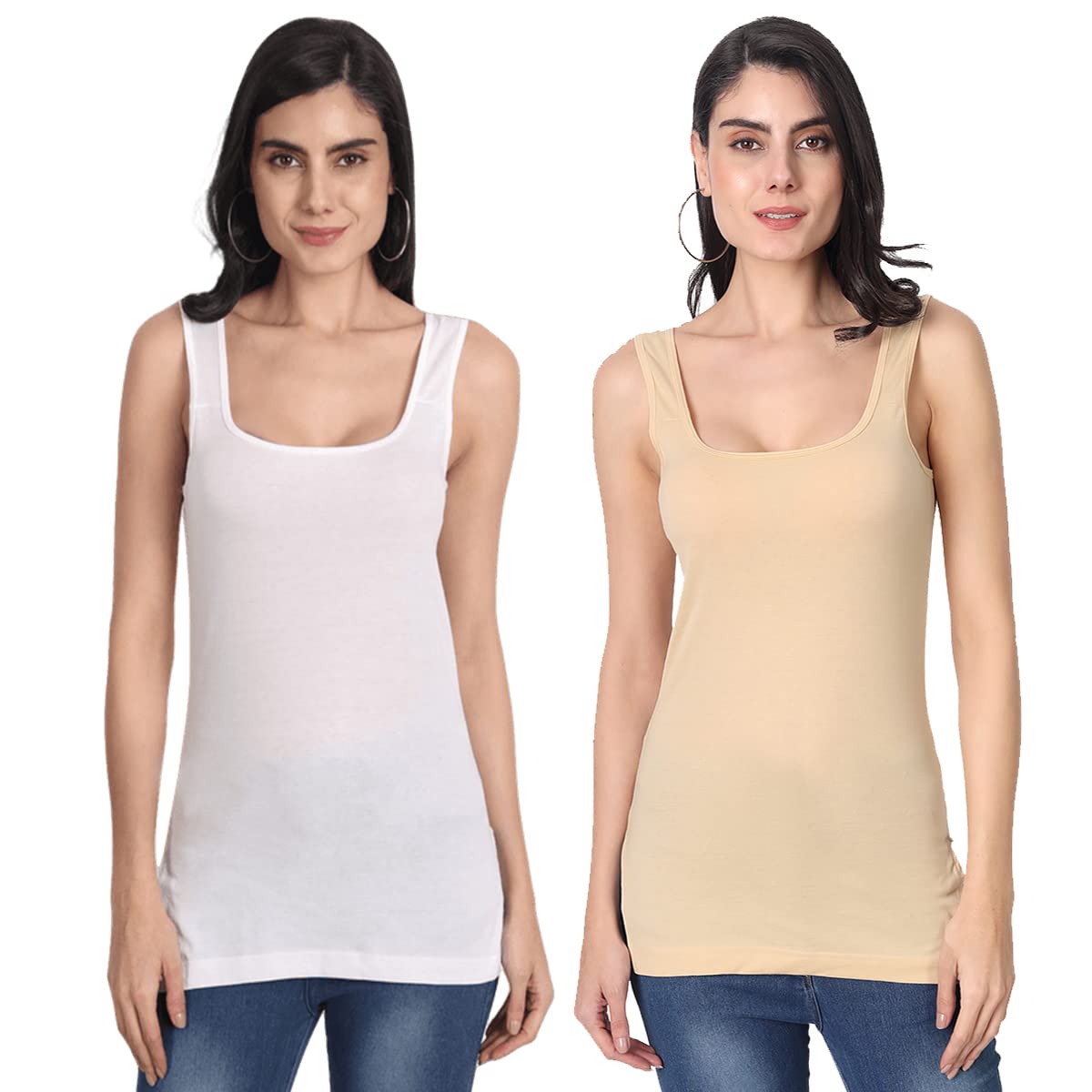 Women's Regular Fit Sleeveless Cotton Long Camisole Slip Spaghetti Combo Pack of 2