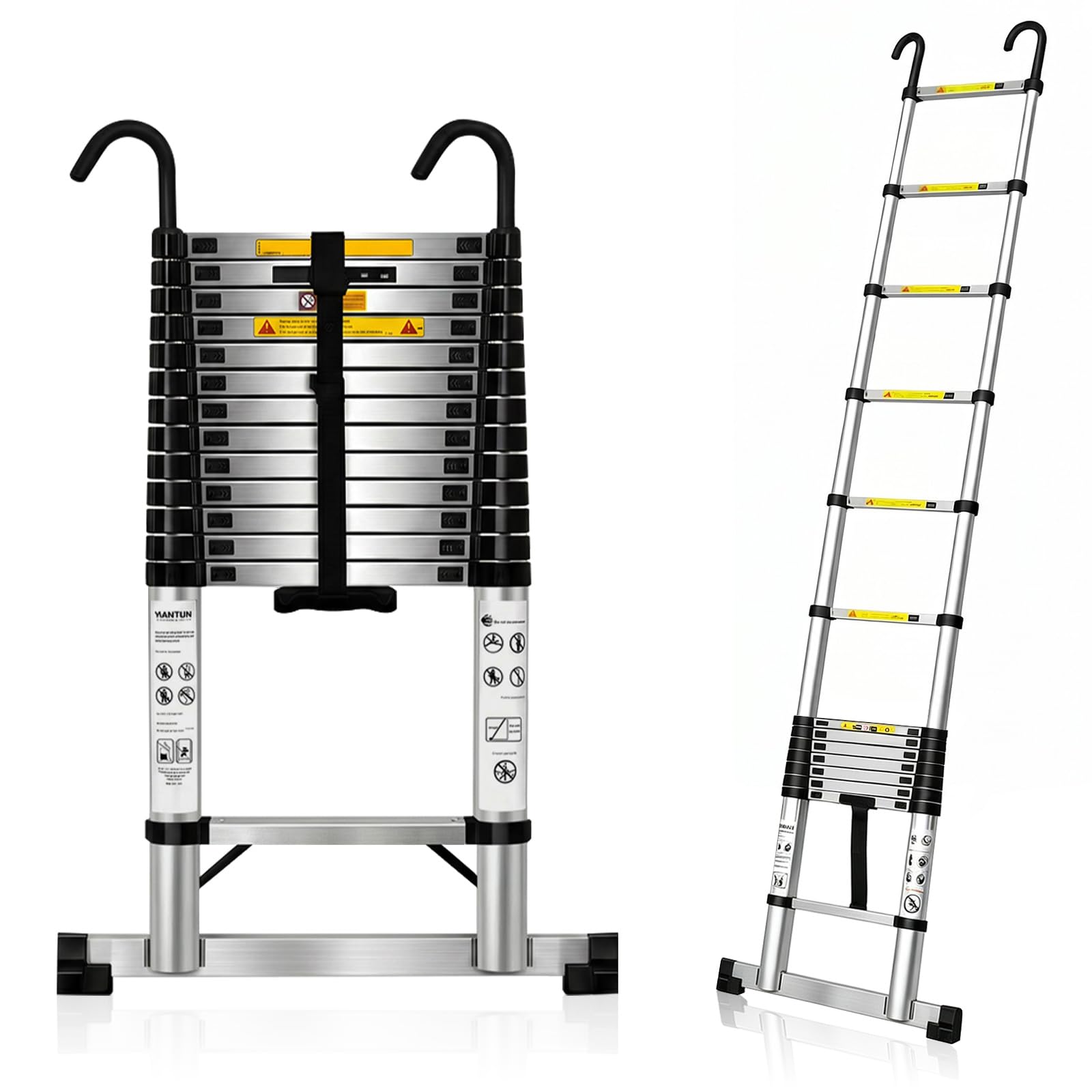 6.3m Telescopic Ladder with Reinforced Hooks, Extra High Extendable Anti-Swing Ladder, 150kg Anti-Shock Retractable Folding Ladder for 2-3 Floors Buildings
