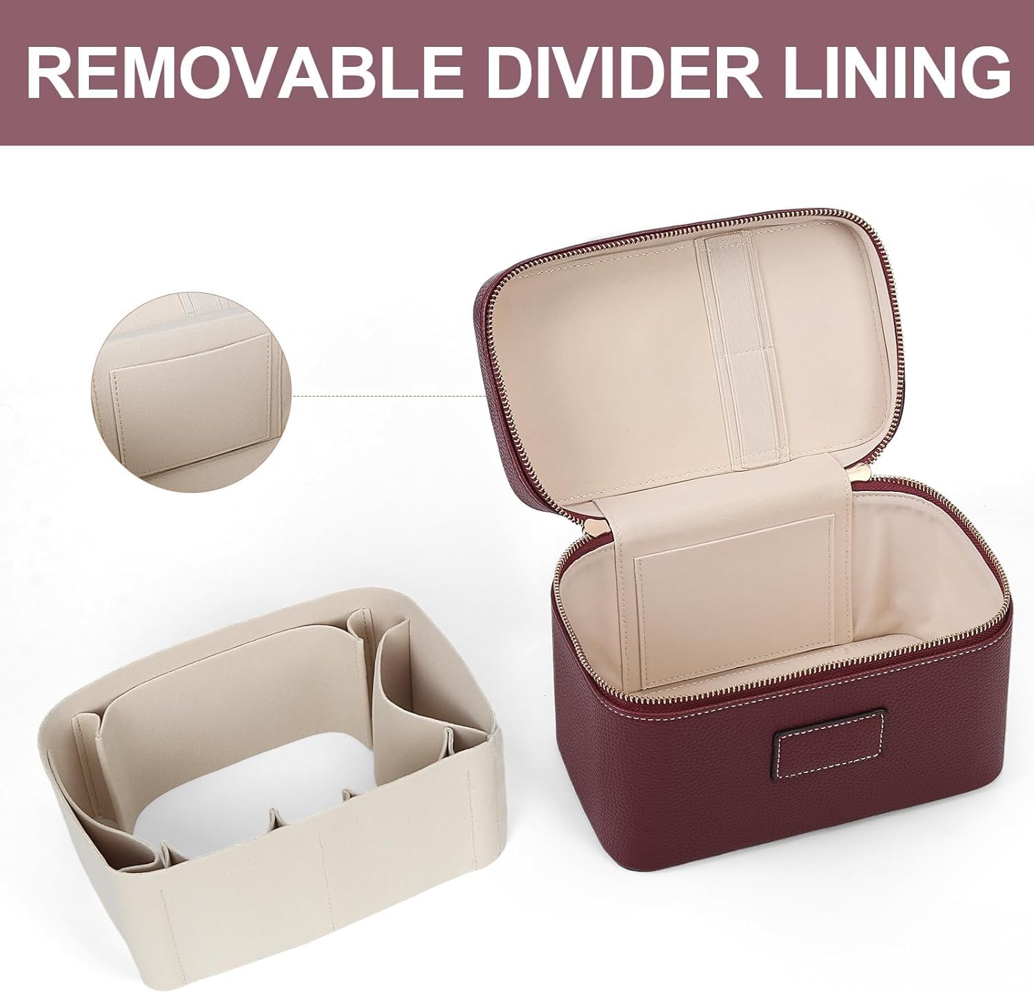 Starnearby Neceser de mujer de piel sintética, bolsa de cosméticos de viaje, neceser de maquillaje para mujer con divisor extraíble, bolsa de aseo, neceser cosmético de viaje, burdeos, 21,5 x 12,5 x