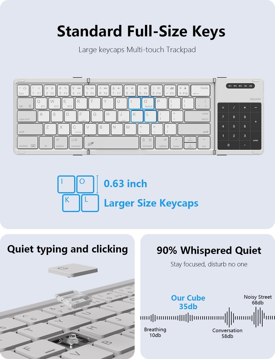 Nillkin Foldable Bluetooth Keyboard with Touchpad & Number Pad, Portable Bluetooth Keyboard with Full Size Keys, Pocket-Sized Wireless Travel Keyboards for iPad, Smartphone, Tablet and Laptop Gray
