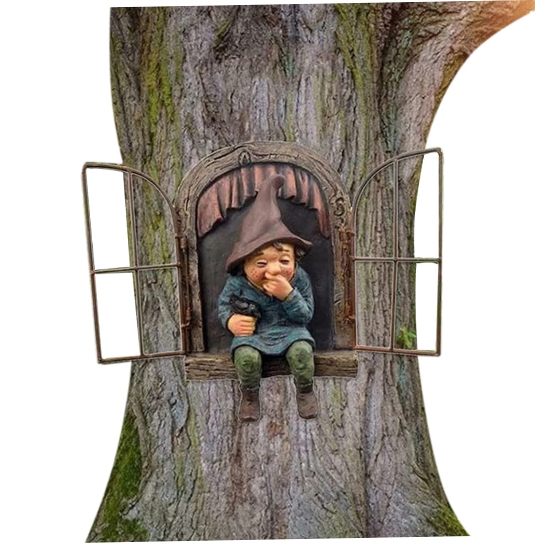 Statua Gnomo Da Giardino Con Finestra – Mini Elfo In Resina 18x15 Cm, Per Alberi, Recinzioni E Cortili