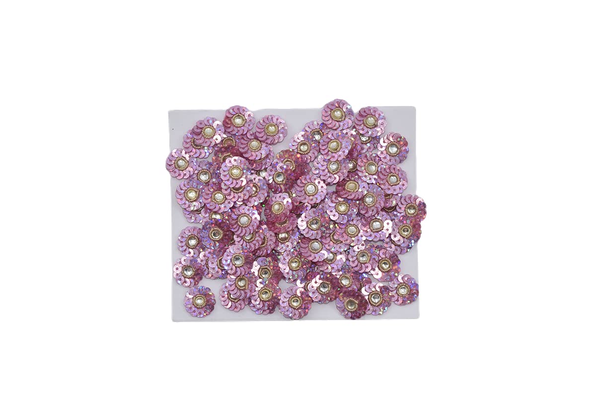 HUNNY- BUNCH Zari Sequence Flowers with White Stone Appliques Patches for Embroidery, Suits, Saree, Blouse, Duppata, Decoration, and Craft Making (Pack of 50) Color-Pink-image-22