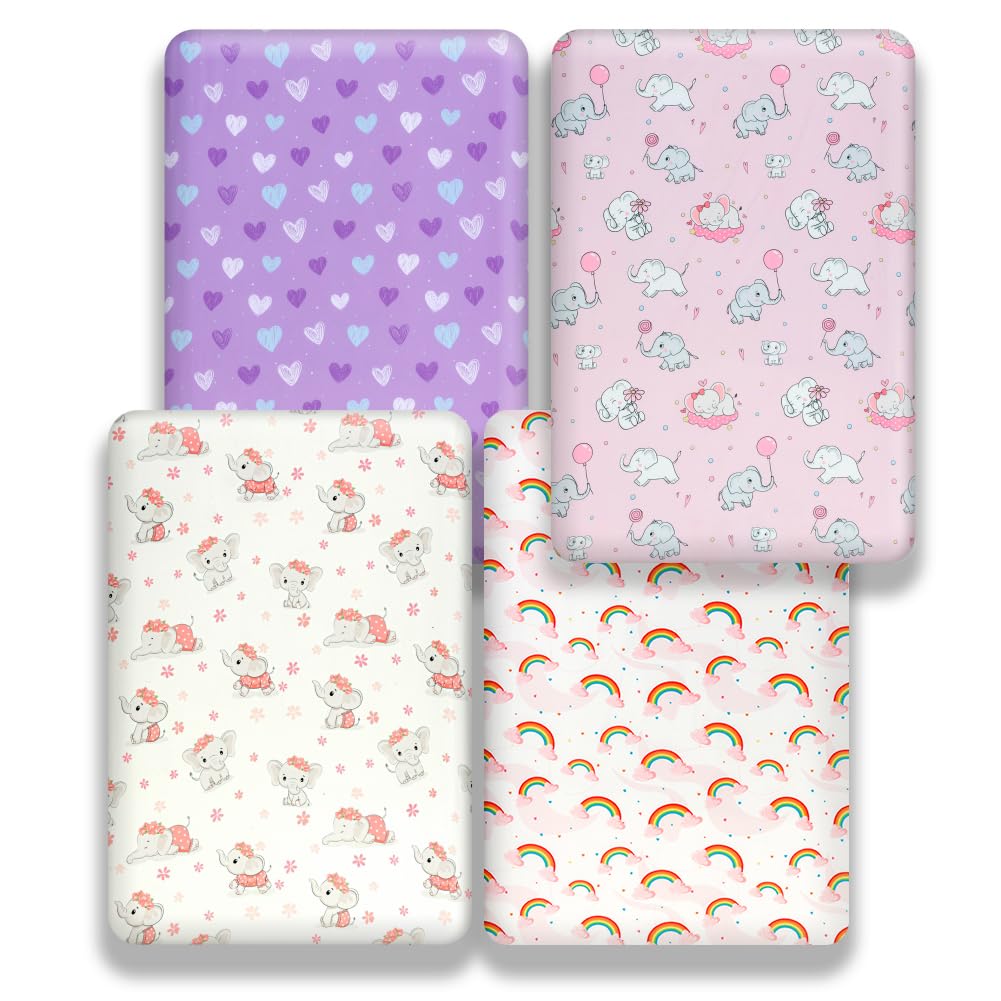 Juego de 4 sábanas para cuna de bebé, suaves, ajustadas, con diseño floral o elefante, fundas de colchón transpirables para bebés o niñas recién nacidas (elefante, sábanas para cuna)