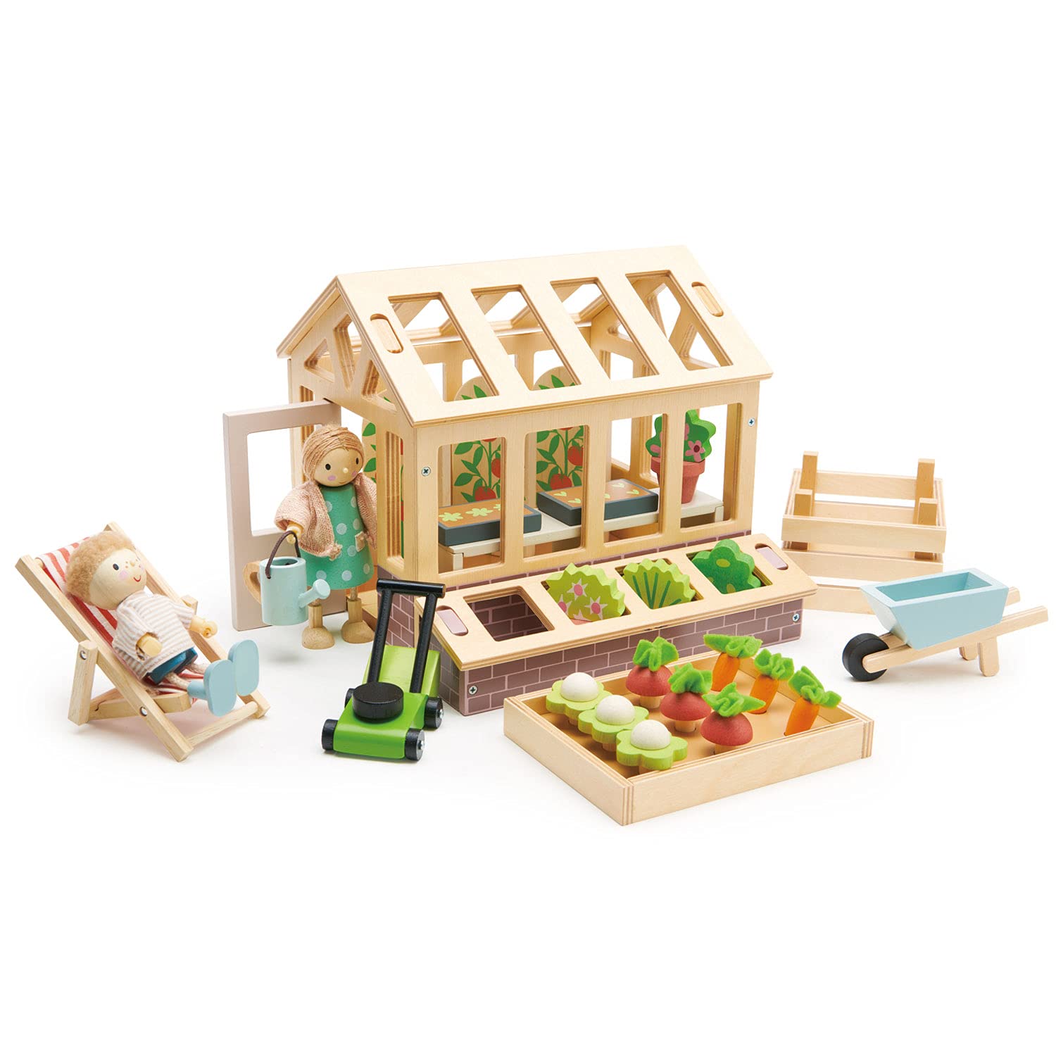 Juego de jardín de invernadero - Juego de 28 piezas de jardinería natural en miniatura, juguetes de granja de cosecha de madera - Inspira un juego imaginativo sin fin - A partir de 2