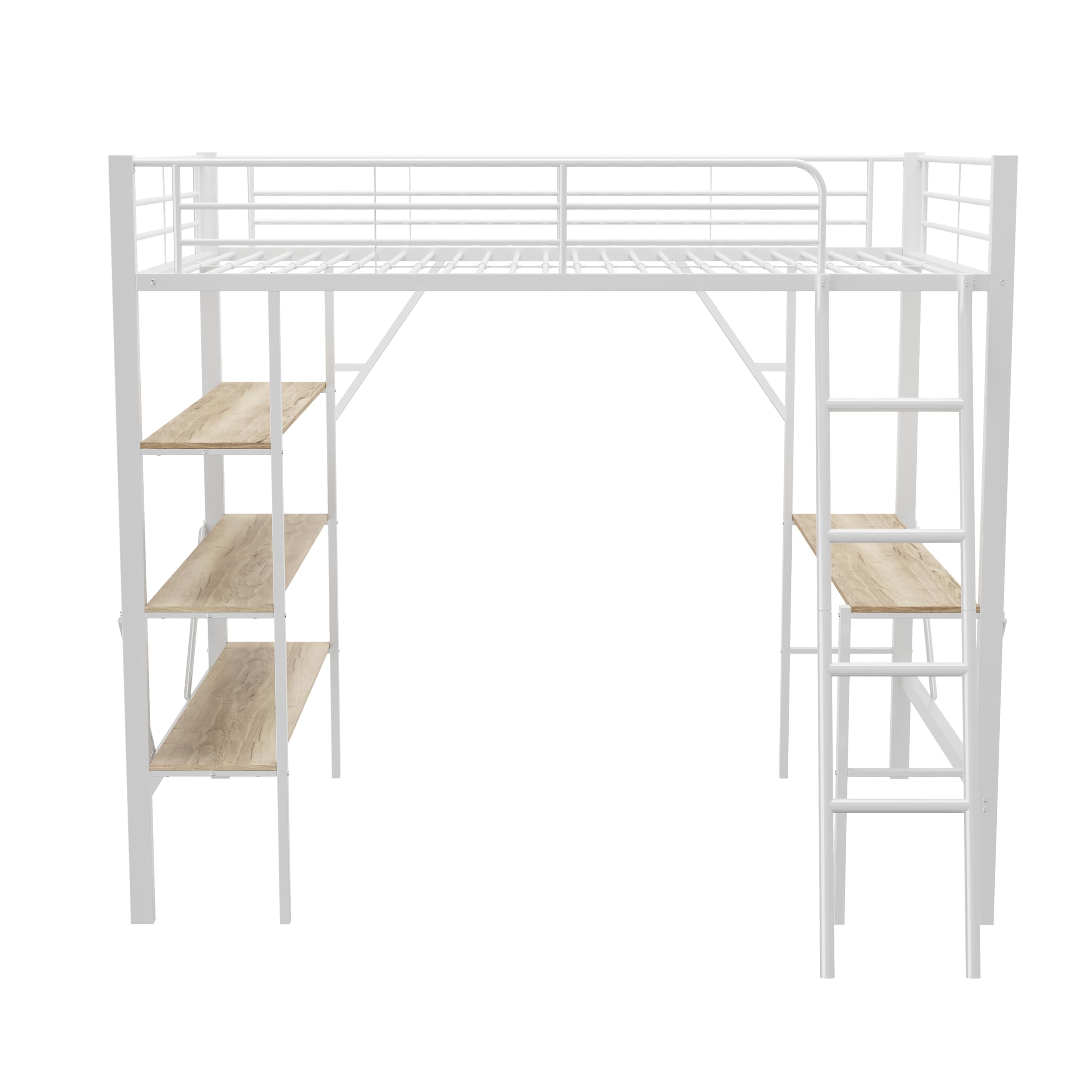 Łóżko na poddaszu 1-osobowe 90 x 200 cm Biała struktura Spanie z dużym biurkiem Półki Do Przechowywania Drabina Podłoże W zestawie Metalowy Bez Materac do Sypialni Nastolatków