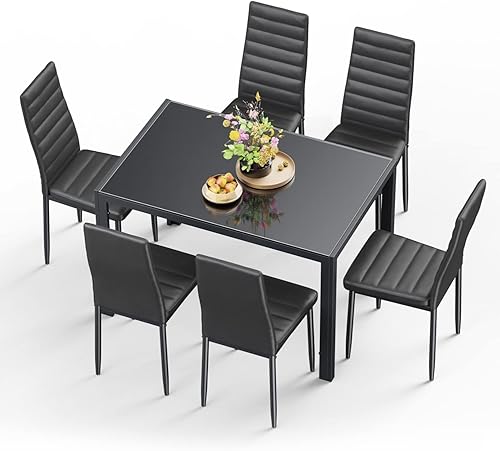 Miniatura 2 de Juego de mesa de comedor de vidrio Gizoon para 6, juego de mesa de cocina y sillas de 7 piezas para 6 personas, juegos de mesa de comedor modernos