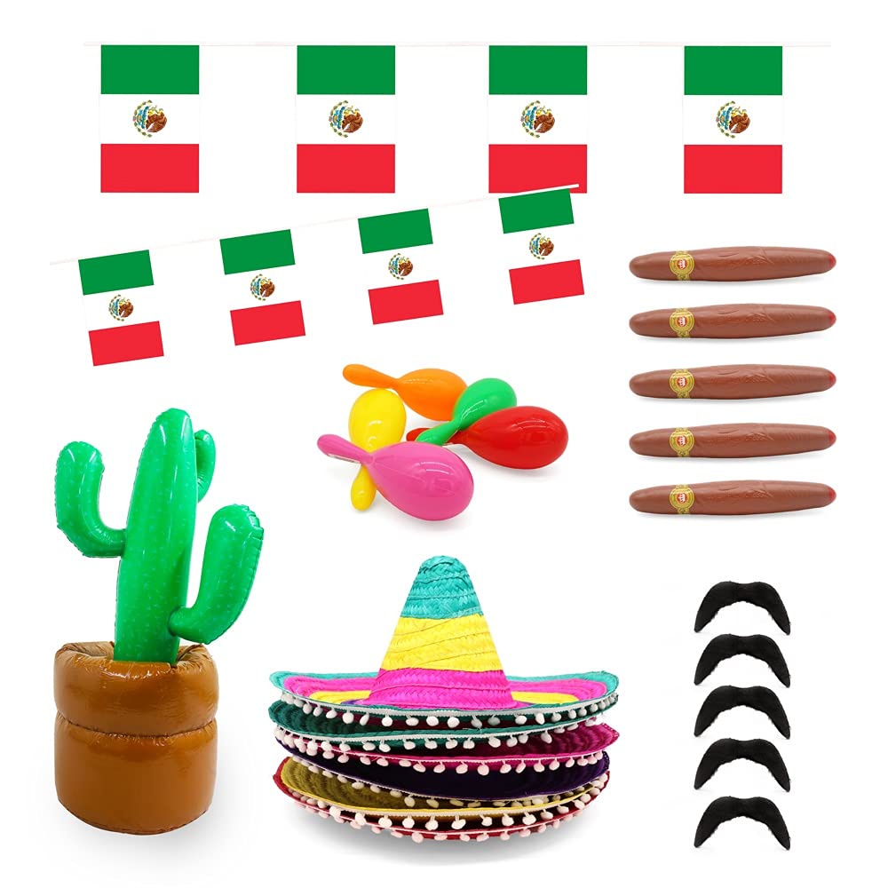 I LOVE FANCY DRESS LTD Meksykańskie dekoracje na przyjęcie Cinco de Mayo - 26-częściowy pakiet meksykańskiej flagi chorągiewki, nadmuchiwany kaktus, sombreros, marakas, cygara i wąsy