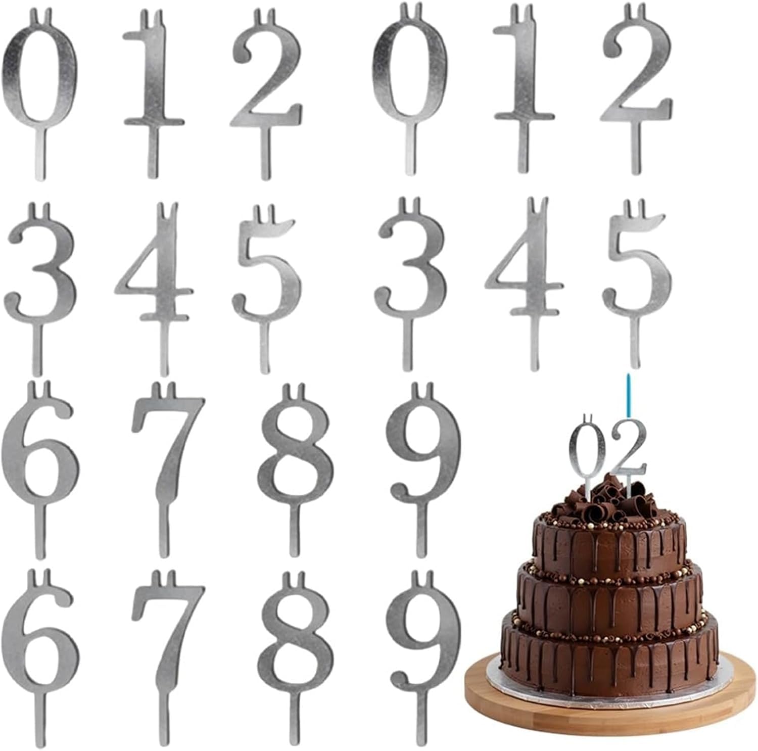 Digital Birthday Cake Candle Holder Set, Reusable Metal Number Candles Holder Set, Silver Cake Topper Decorations, Adjustable Candles Stand, For Birthdays Cakes Anniversaries Celebrations (Two Sets)