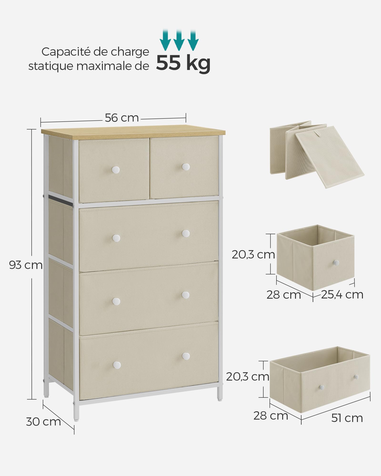 SONGMICS Commode à 5 tiroirs en Tissu pour Salon, Couloir, Chambre d'enfant, Jaune Chameau et Blanc crème LTS514W01