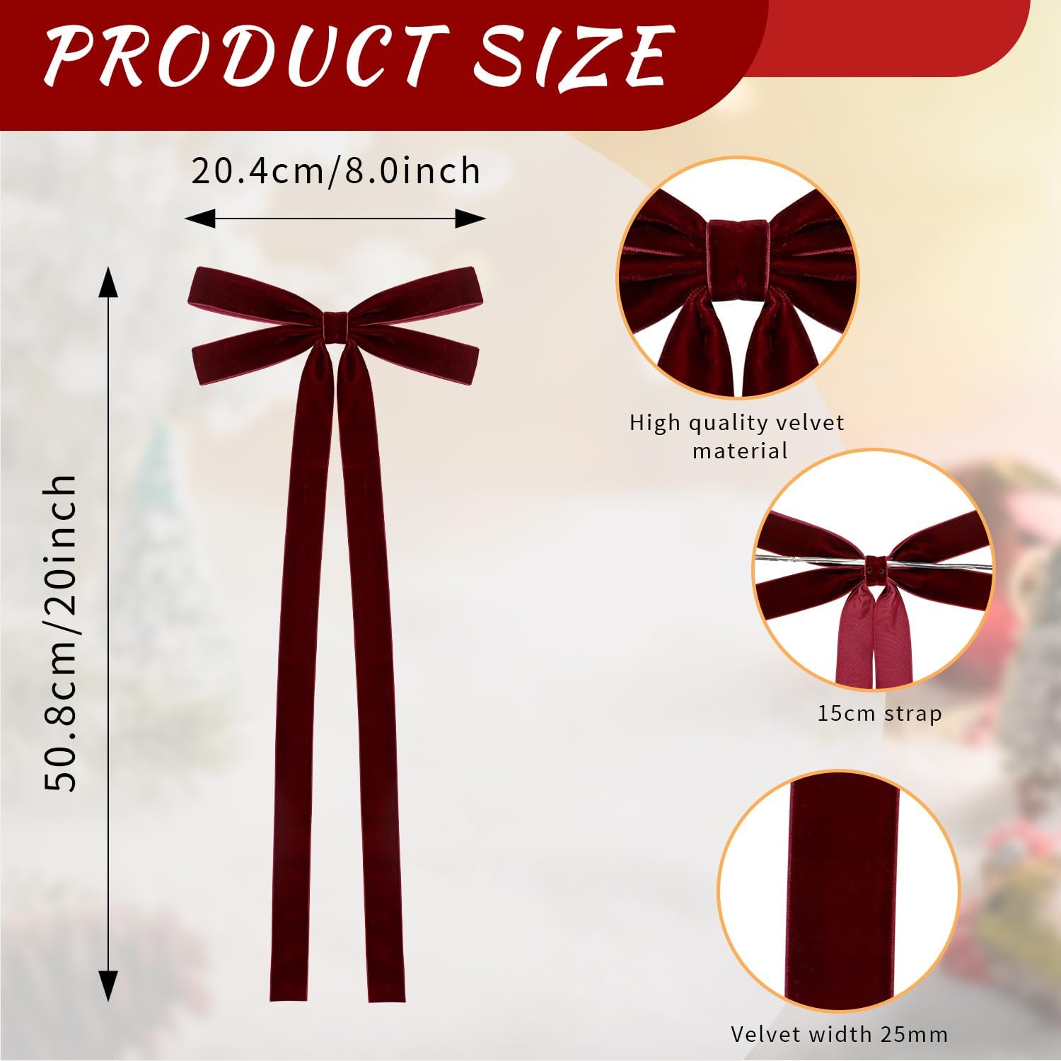 6Pcs Velvet Ribbon Bows - 8 x 20 Inch Extra Large Christmas Tree Bow with Long Tail for Xmas Tree, Wreath, Garland, Fireplace,Staircase, Door, Window, Cabinet, Wedding Home Decoration (6, Burgundy) - Image 2
