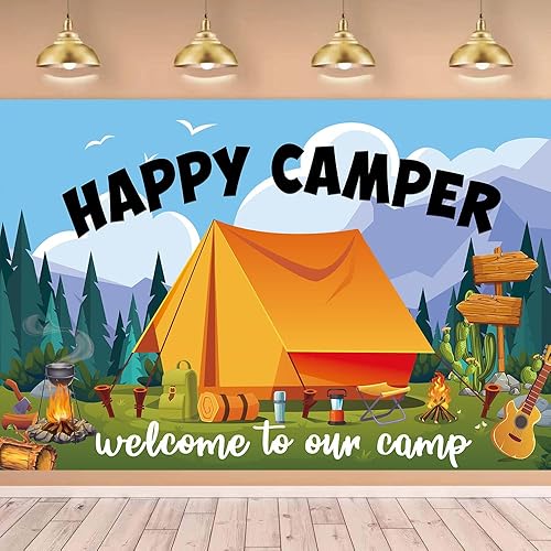 Miniatura 10 de Cartel de fondo de Happy Camper con 70.8 x 43.3 pulgadas, tela de poliéster grande, letrero de telón de fondo para campamento, suministros de
