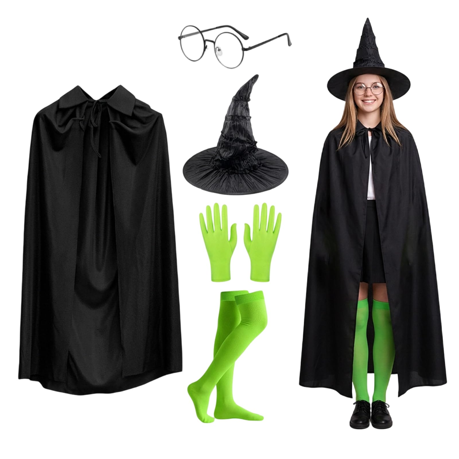 JcunYcb Witch Costume, Halloween Costumes, 5 Pcs Fantasy Role-Play Outfit, Witch Costume Set with Hat, Glasses, Gloves, Socks and Cape, Witch Costume for Girls Halloween Party