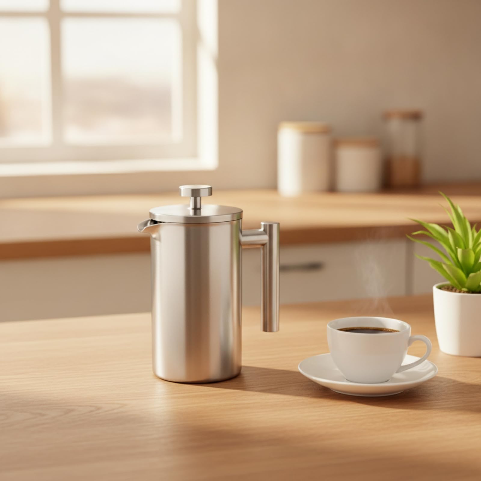 Caffettiera a Stantuffo in Acciaio Inox Riutilizzabile Caffettiera a Stantuffo Lavabile Infusore per Appassionati di Tè, Cucina, Campeggio, 1000ml